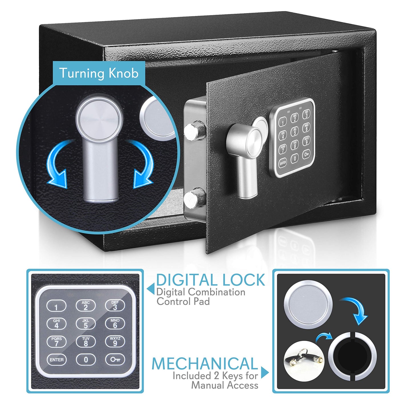 SereneLife Premium Steel Digital Safe Box - 9.1" x 6.7" x 6.7" | Secure Storage for Cash, Firearms, Jewelry & More | Great For Hotels, Cabinets & Home Use | Electronic & Mechanical Access - 2 Keys