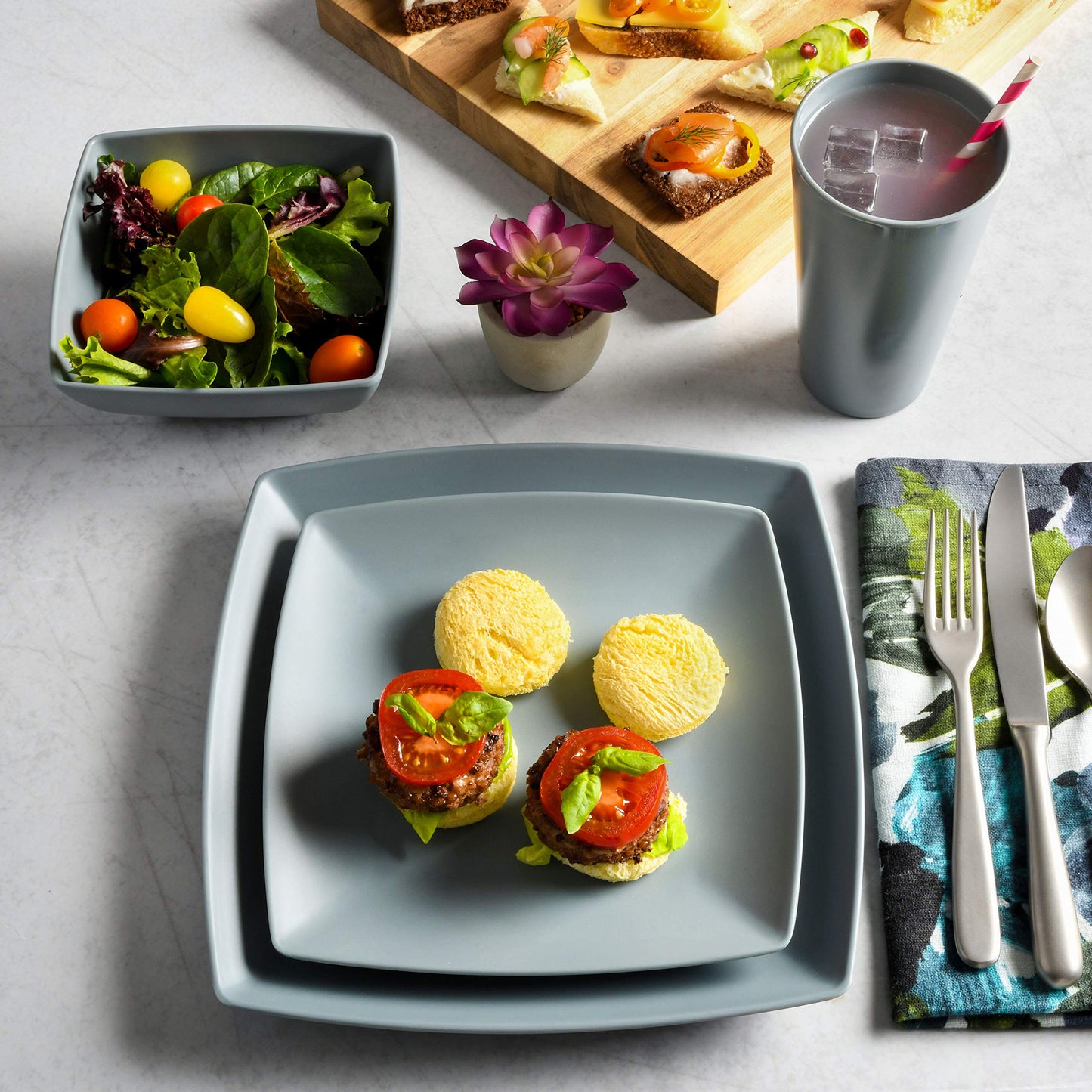 Gibson Melamine Dinnerware Set for Four, Grey