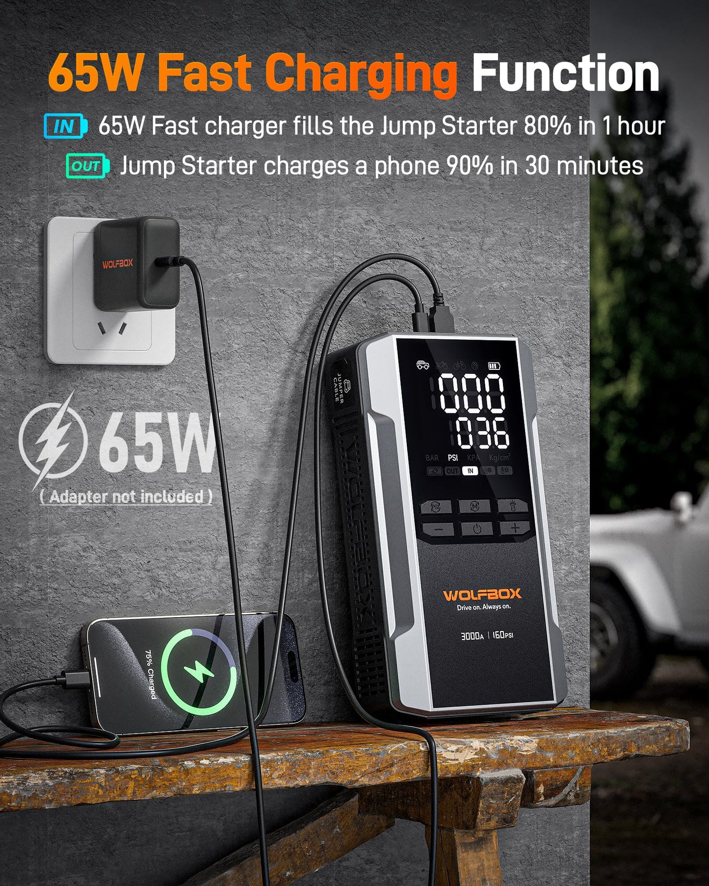 3000A Jump Starter with Air Compressor by WOLFBOX