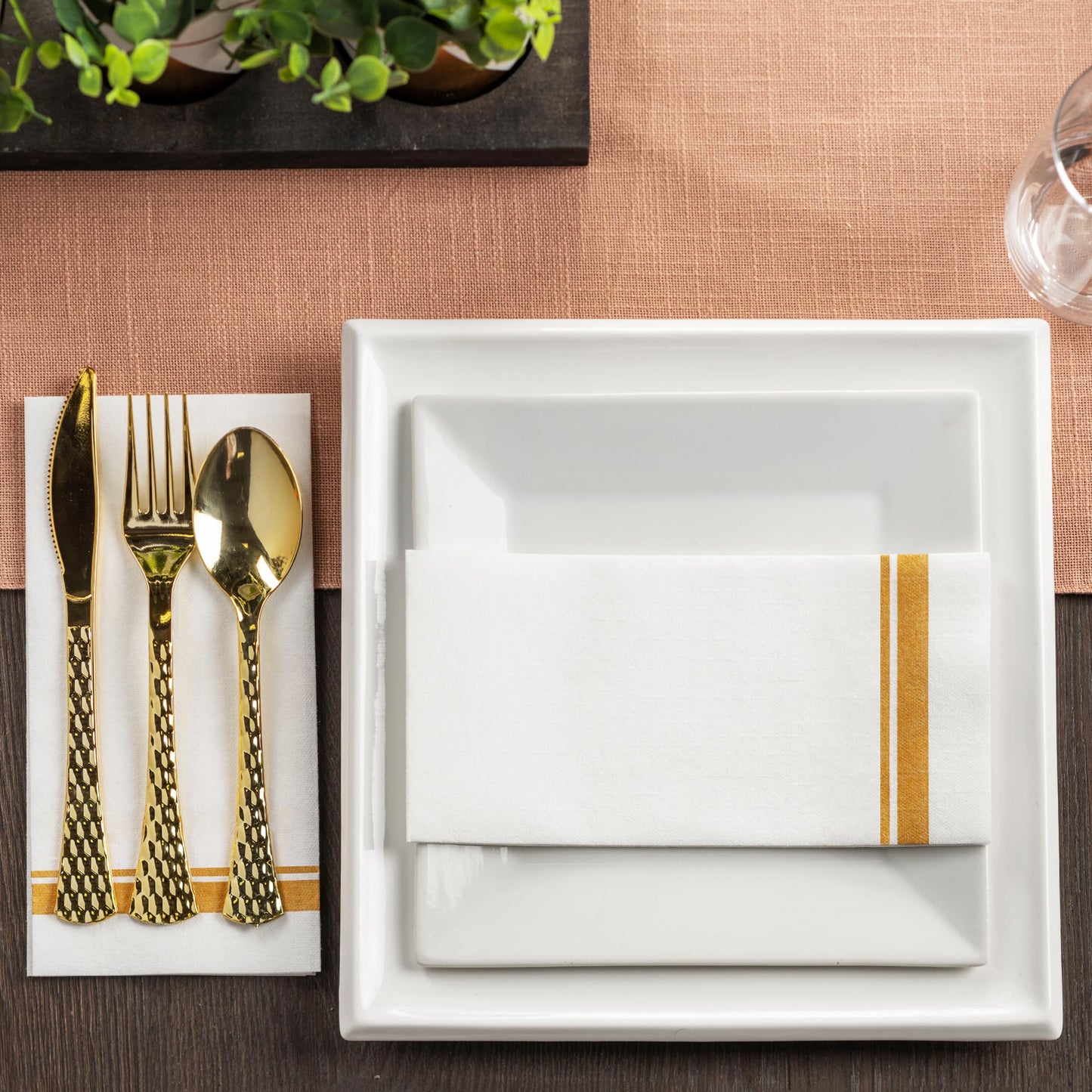Disposable Linen-Feel Peper Napkins, Decorative White Guest Towels, 12" x 17" Gold Line Hand Napkins For Wdding, Party Or Event - Pack of 200