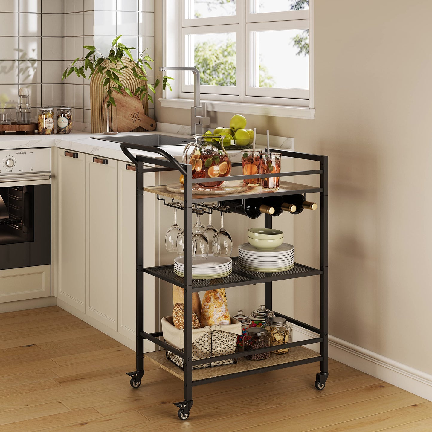 Tajsoon 3-Tier Bar Cart, Mobile Bar Serving Cart, Industrial Style Wine Cart for Kitchen, Beverage Cart with Wine Rack and Glass Holder, Rolling Drink Trolley for Living Room, Grey & Black