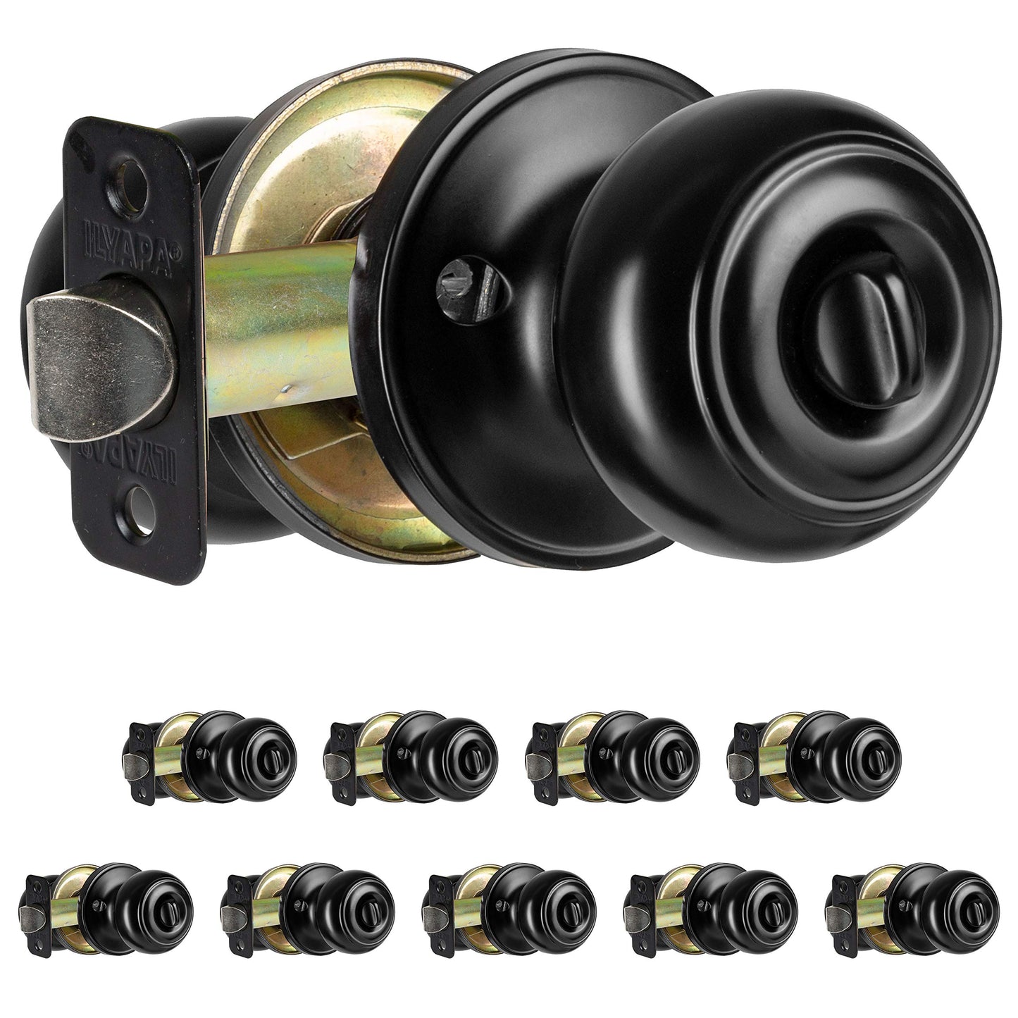 Ilyapa Privacy Black Door Knobs Interior, Bathroom Bedroom Door Knobs - Colonial Black Privacy Door Knob, Keyless Turn Thumb Locking Round, Matte Black, 10 Pack Multi Pack Door Knobs