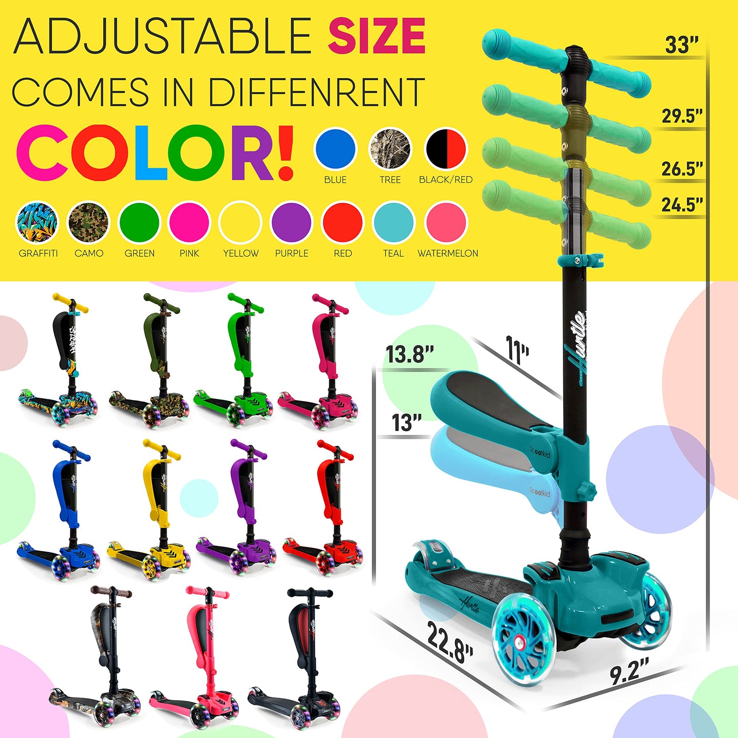 Hurtle Kids Scooter - Child Toddler Kick Scooter Toy with Foldable Seat - 3 Wheel Scooter with Adjustable Height, Anti-Slip Deck, Flashing Wheel Lights, for Boys/Girls 1-12 Year Old, Teal