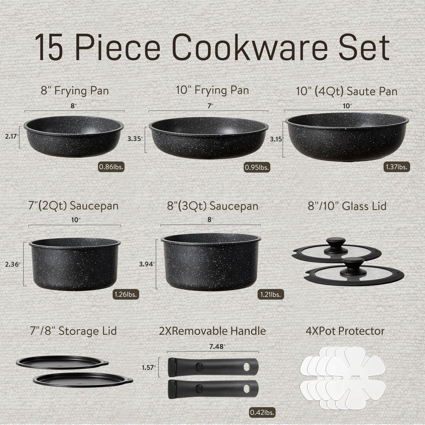 CAROTE Nonstick 15-Piece Cookware Set with Handles