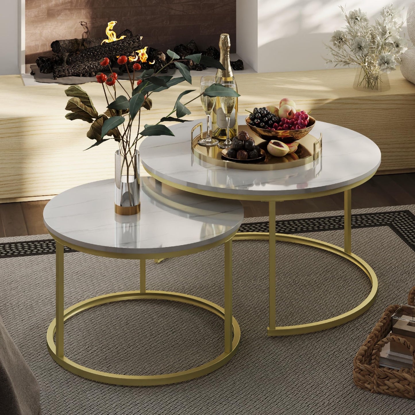 Otterease Nesting Tables Set of 2, 31.5" Round Coffee Table, Small Nesting Coffee Table with Adjustable Non-Slip Fee, White Marble Top Stack Nesting Tables Set of 2 for Living Room, Bedroom (White)
