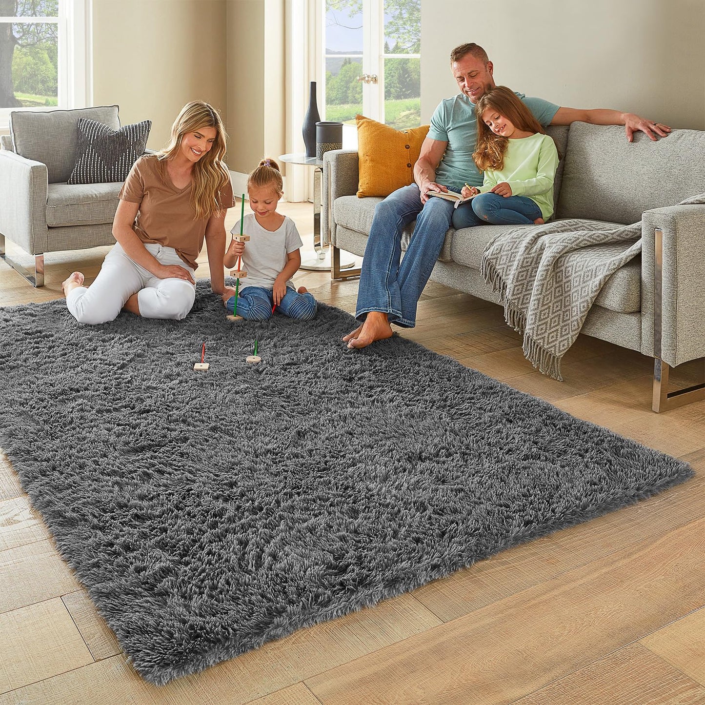 Grey Fluffy Shag Area Rug for Living Room