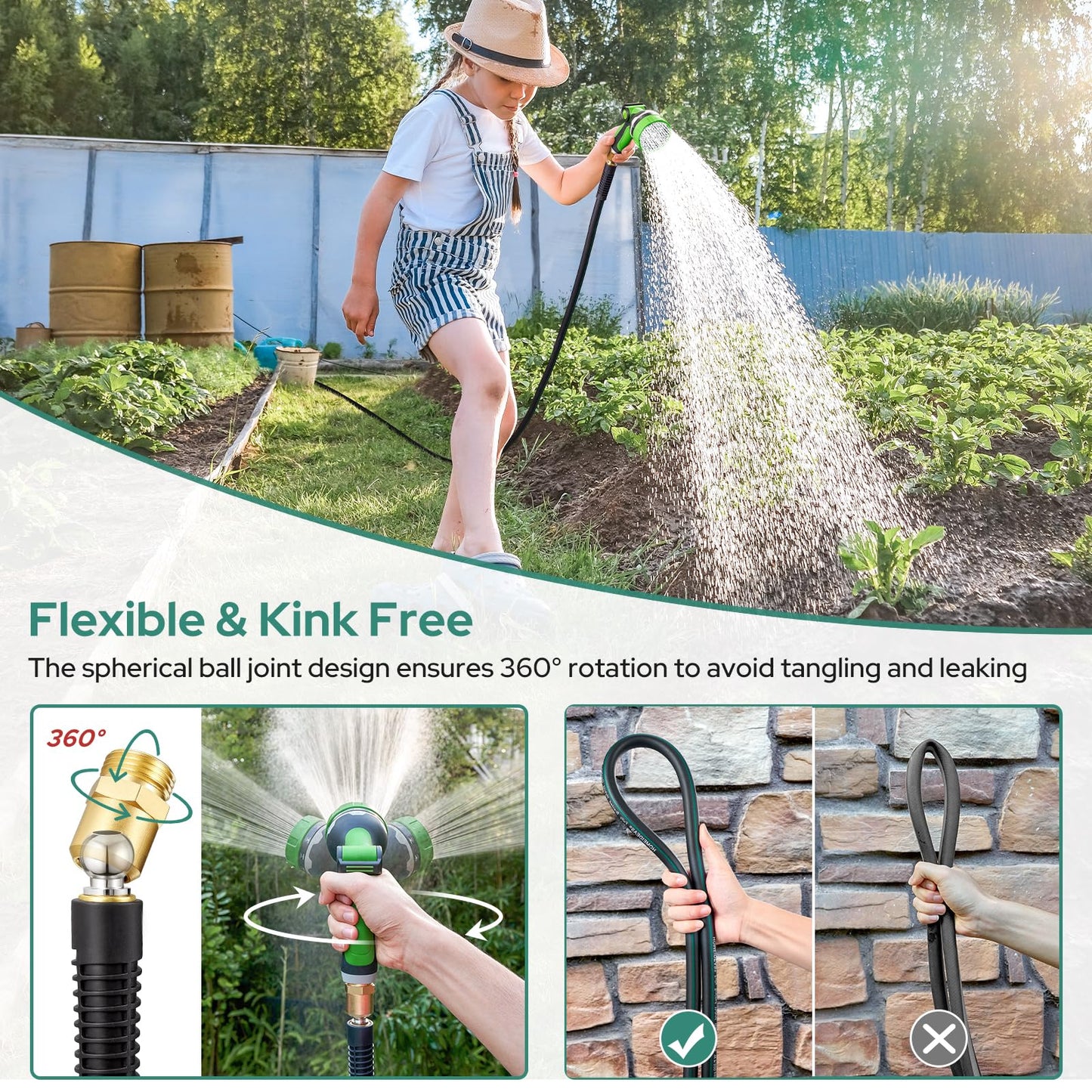 50 ft HOMEIDEAS Kink-free Garden Hose with Nozzle