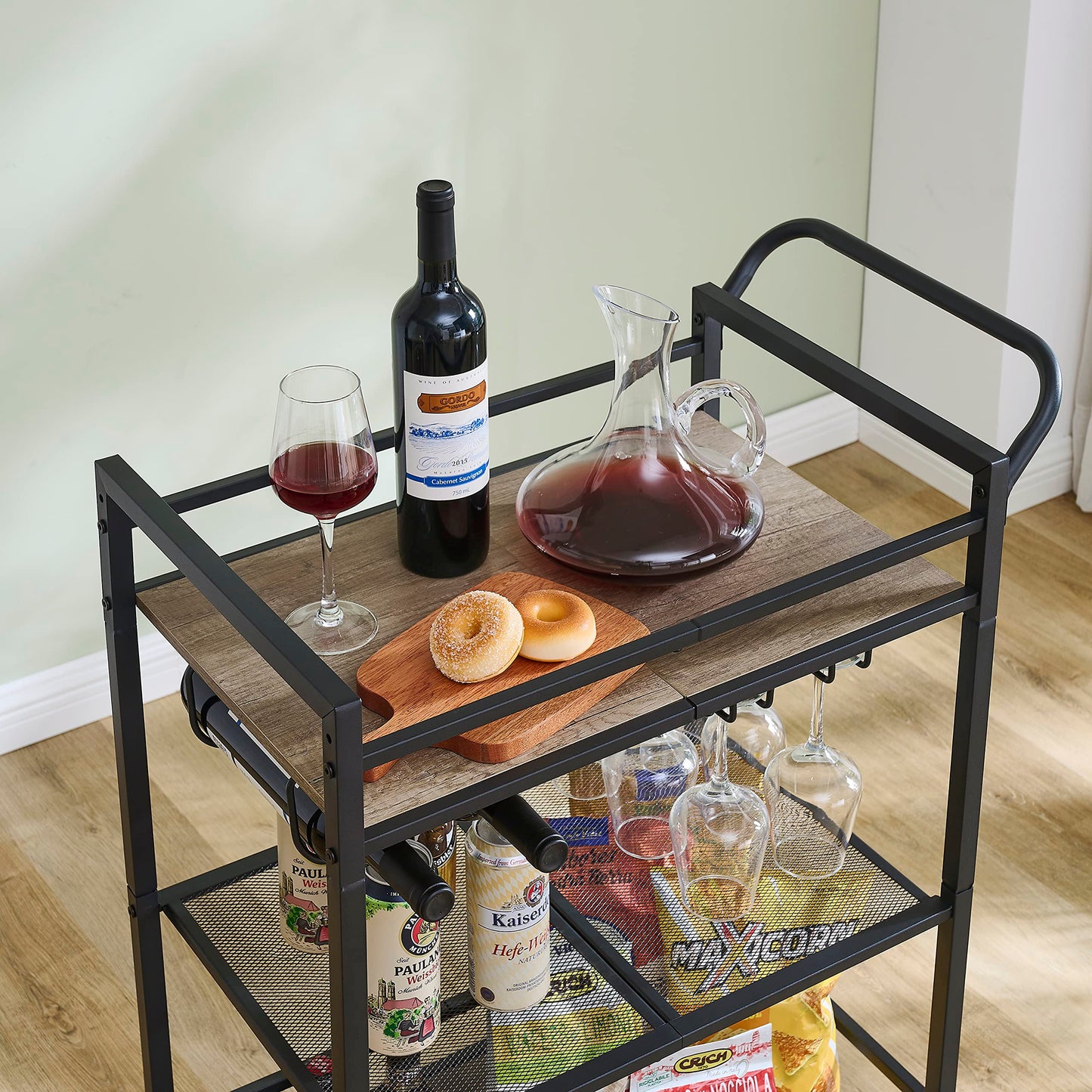 Tajsoon 3-Tier Bar Cart, Mobile Bar Serving Cart, Industrial Style Wine Cart for Kitchen, Beverage Cart with Wine Rack and Glass Holder, Rolling Drink Trolley for Living Room, Grey & Black