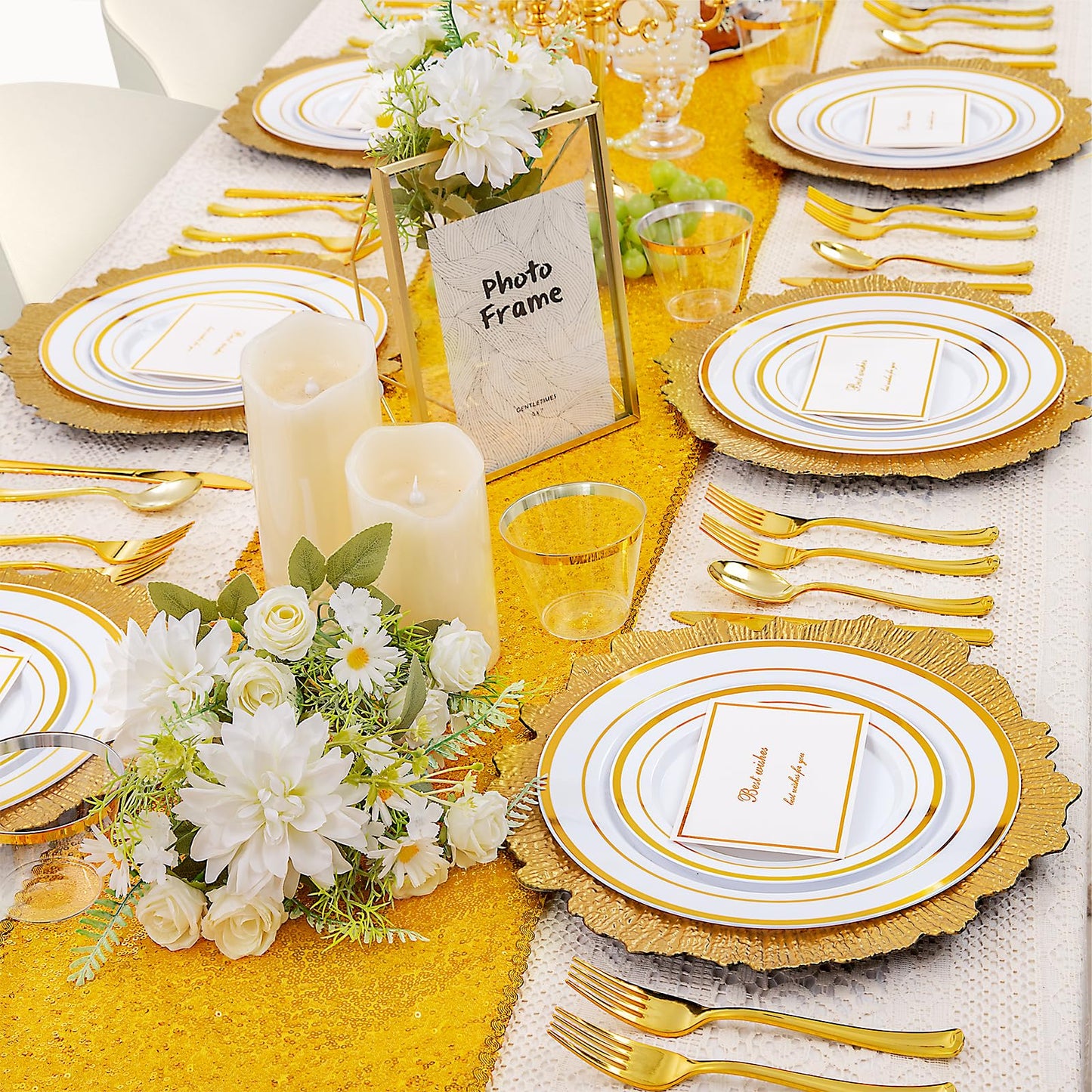 WELLIFE 600 PCS Gold Disposable Dinnerware Set