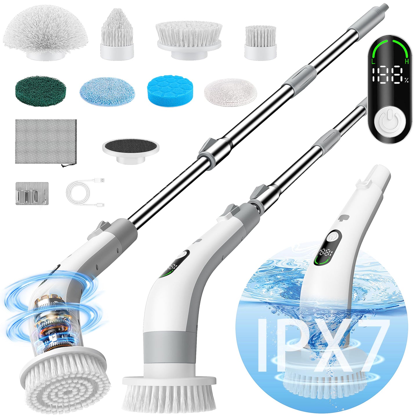 Electric Spin Scrubber with LED Display & 8 Heads