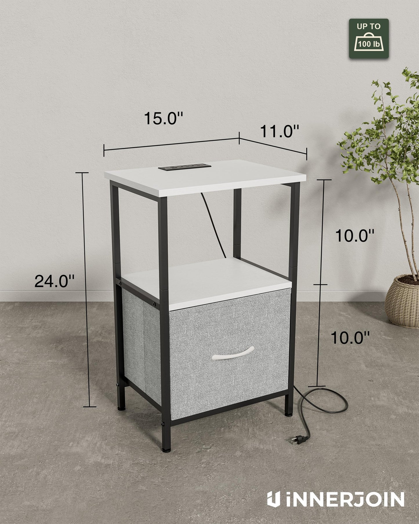 Innerjoin Side Table with Storage, LED Night Stand with A&C Charging Station, End Tables Living Room, Nightstand for Bedroom with Fabric Drawer, White/Gray