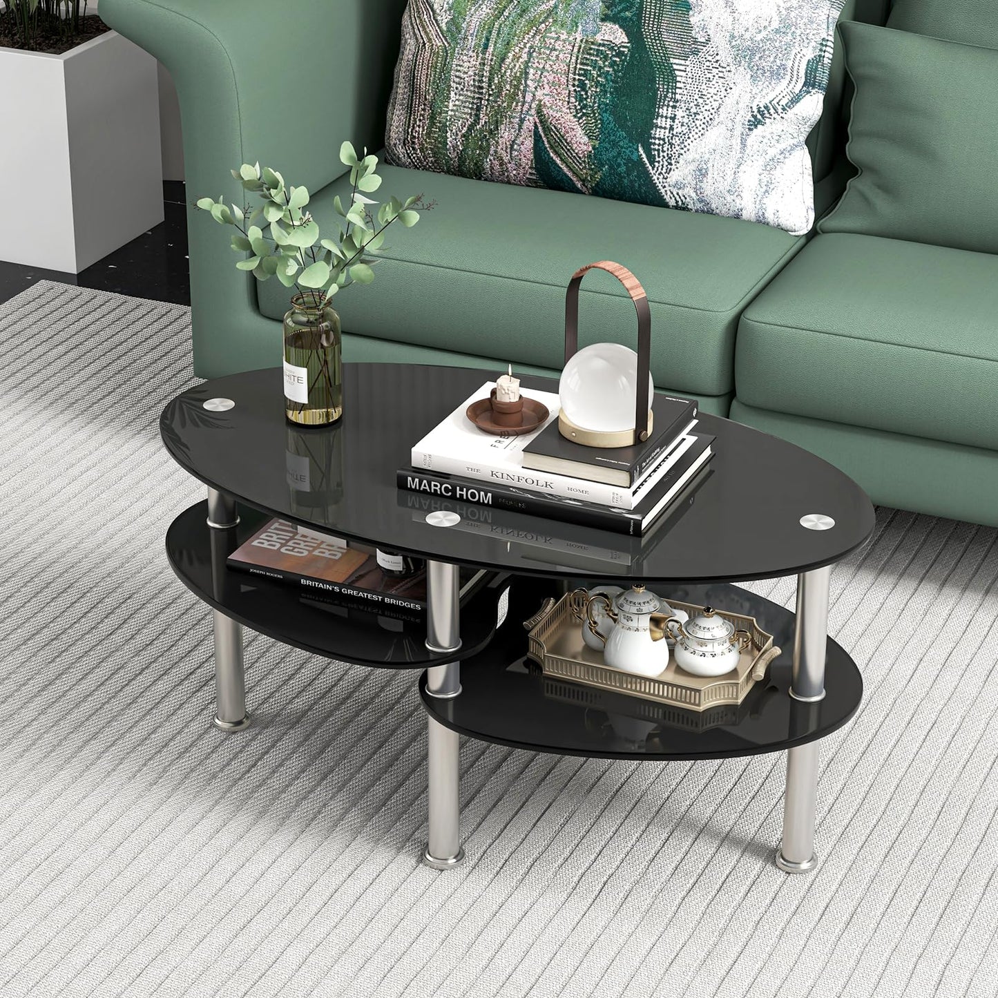 Giantex Oval Glass Coffee Table with Chrome Legs