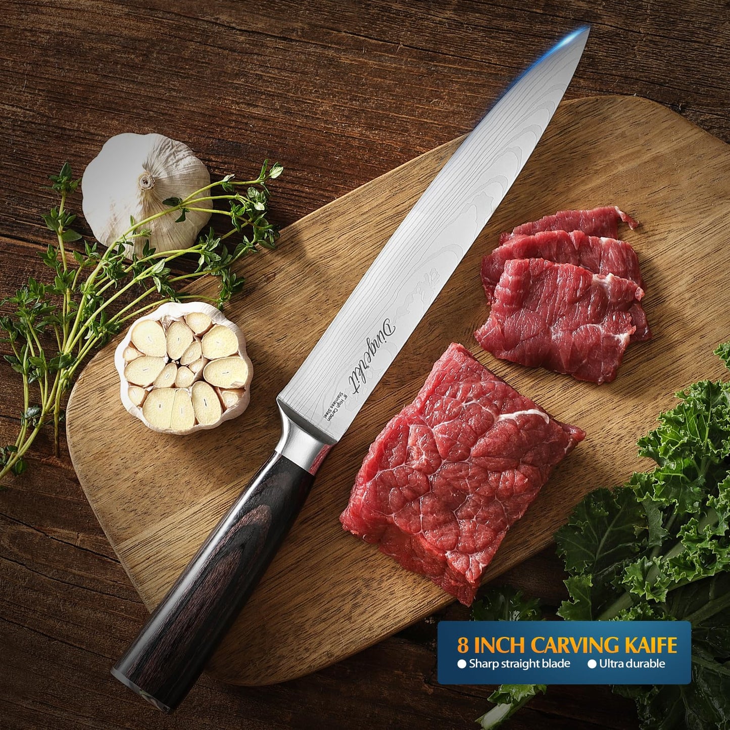 Dingerkit Carving Knife, 8" Brisket Knife for Meat Carving Vegetables Slicing Sushi Cutting with Damascus Pattern High Carbon Stainless Steel, Kitchen Chefs Knife with Pakkawood Handle.