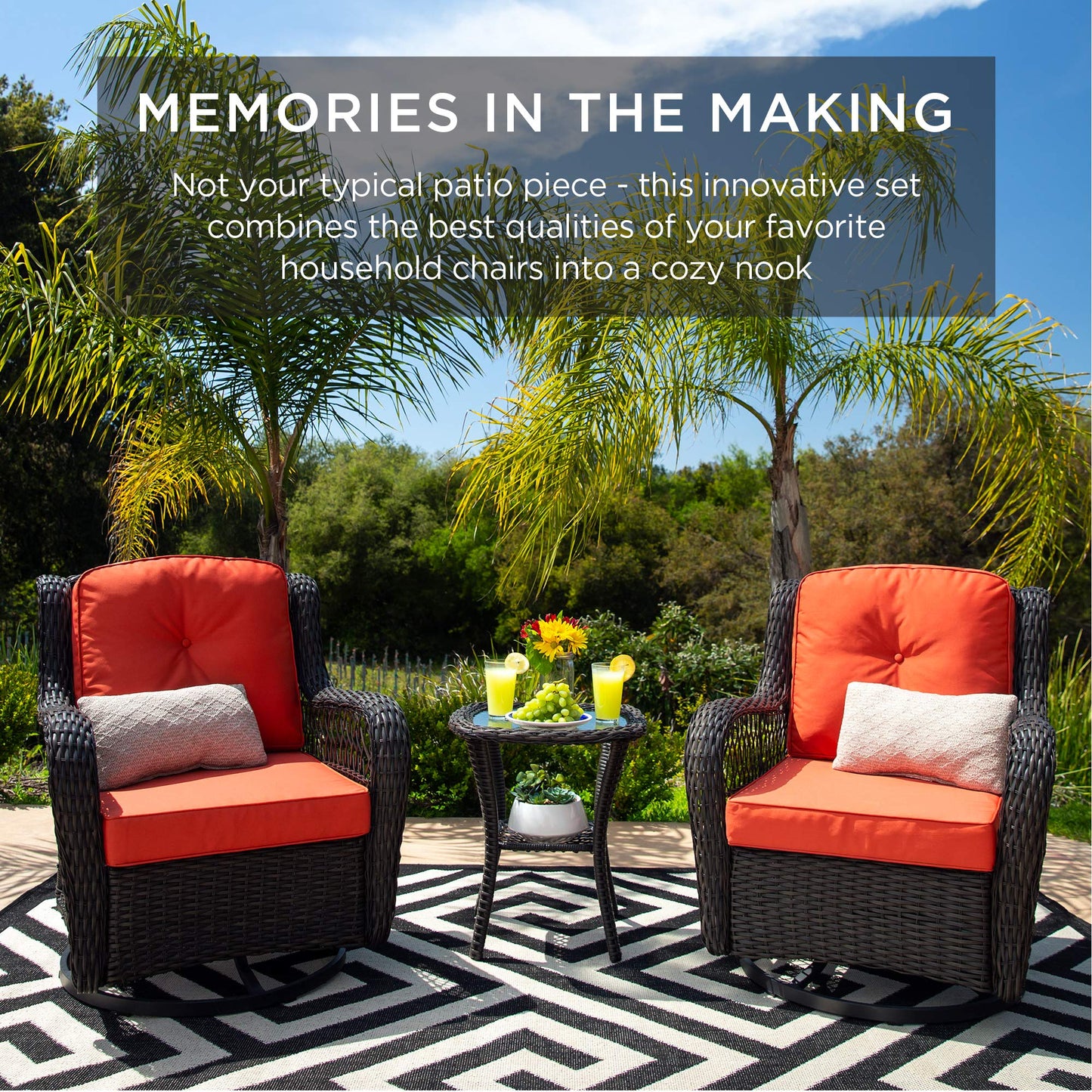 Best Choice Products 3-Piece Outdoor Wicker Patio Bistro Set w/ 2 360-Degree Swivel Rocking Chairs and Tempered Glass Top Side Table - Rust