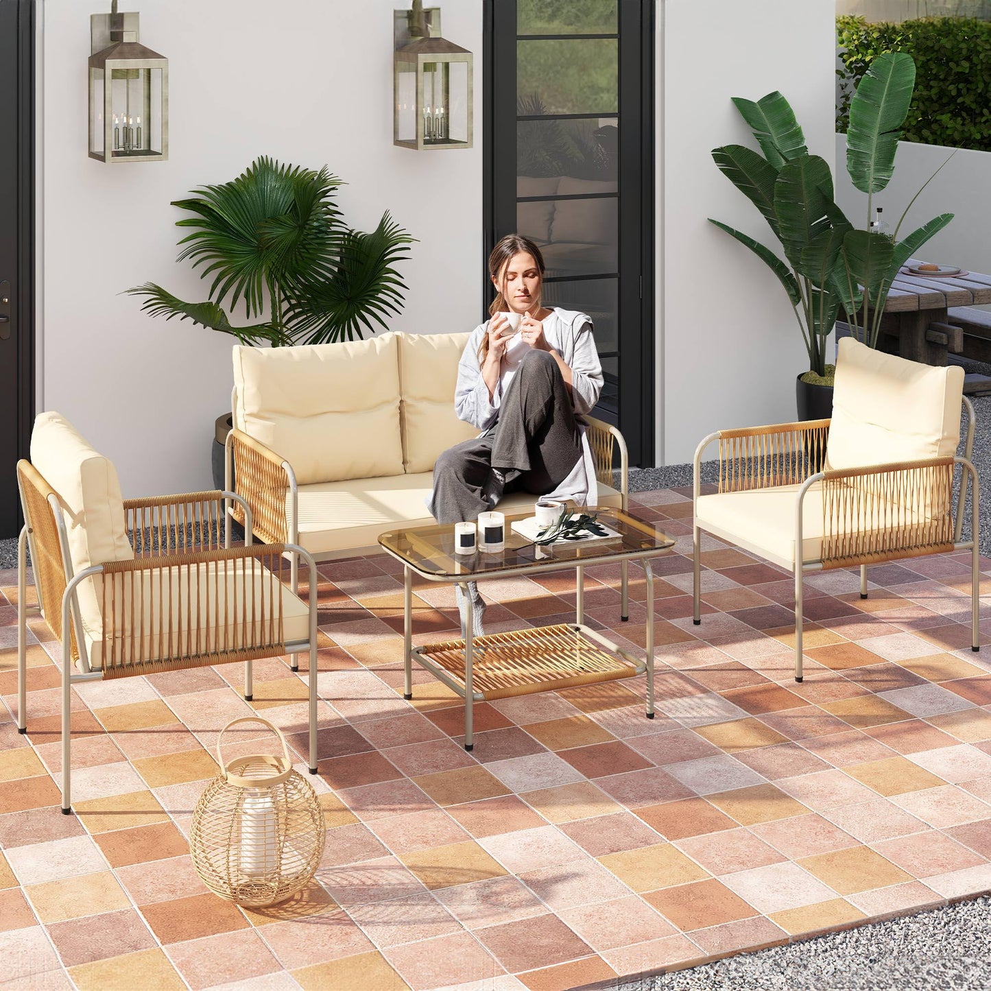 DWVO 4 Pieces Patio Furniture Set, Wicker Outdoor Conversation Set, All-Weather Rattan Bistro Set with Loveseat Set, Glass Side Table and Cushions for Backyard, Balcony, Deck - Beige