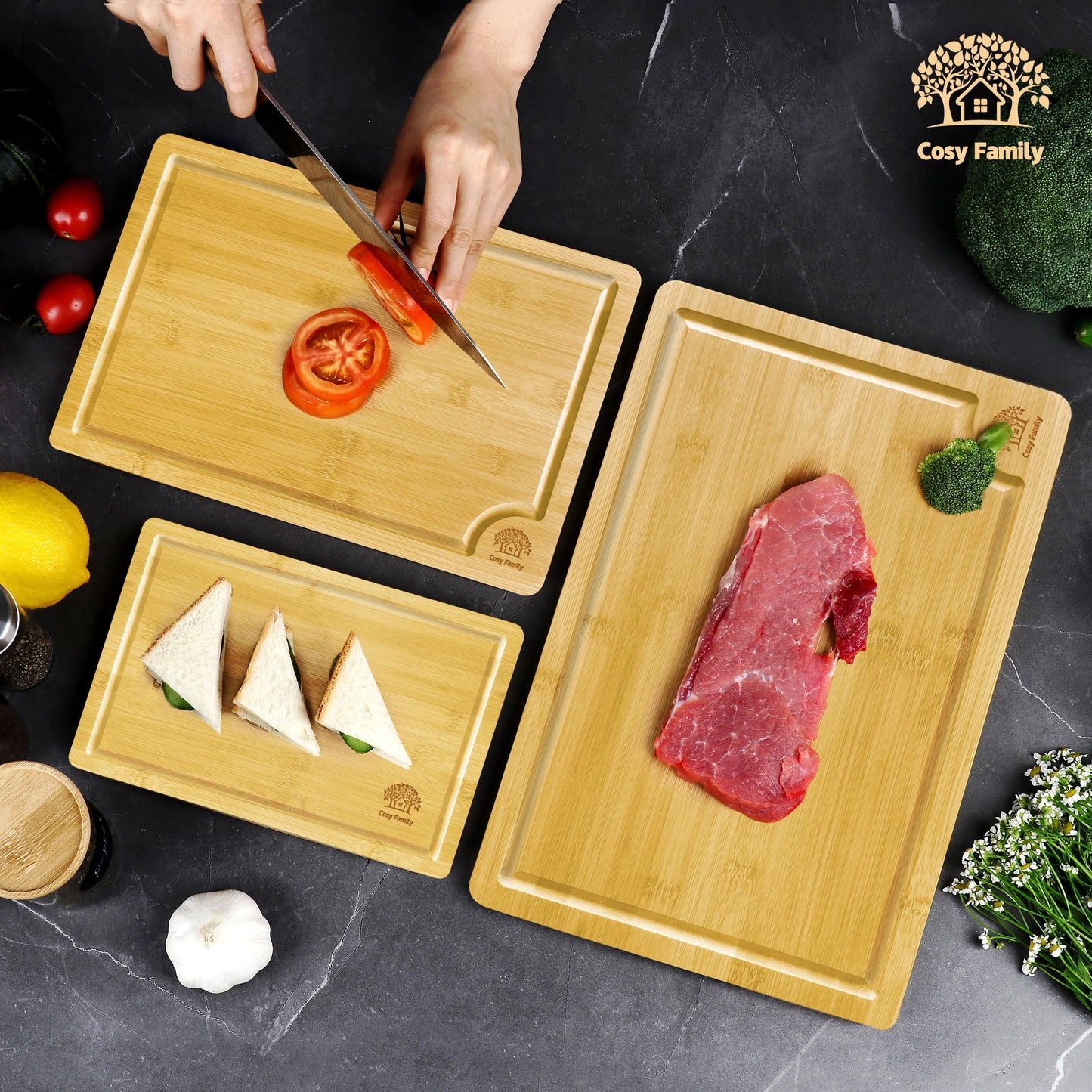 Set of 3 Bamboo Cutting Boards with Juice Groove
