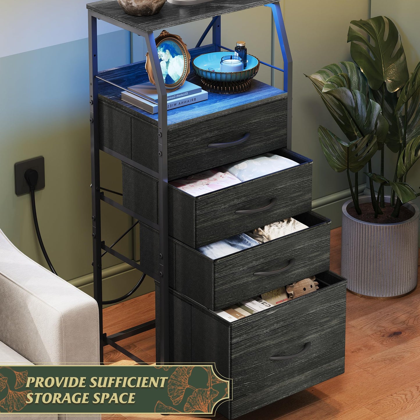 WLIVE Nightstand with Charging Station and Drawers