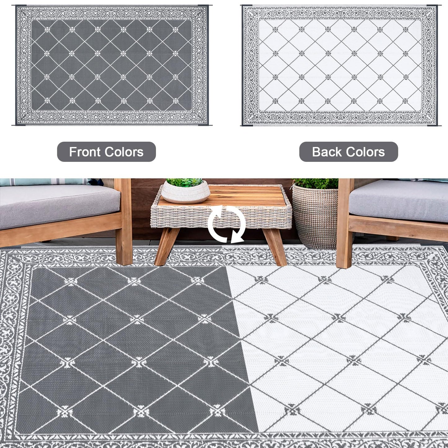 HiiARug Reversible Mat Plastic Outdoor Rugs for Patios Clearance Waterproof Plastic Straw Rug Large Area Rug for Outdoor, Porch, Patio, RV,Camping(5x7Ft, Grey)