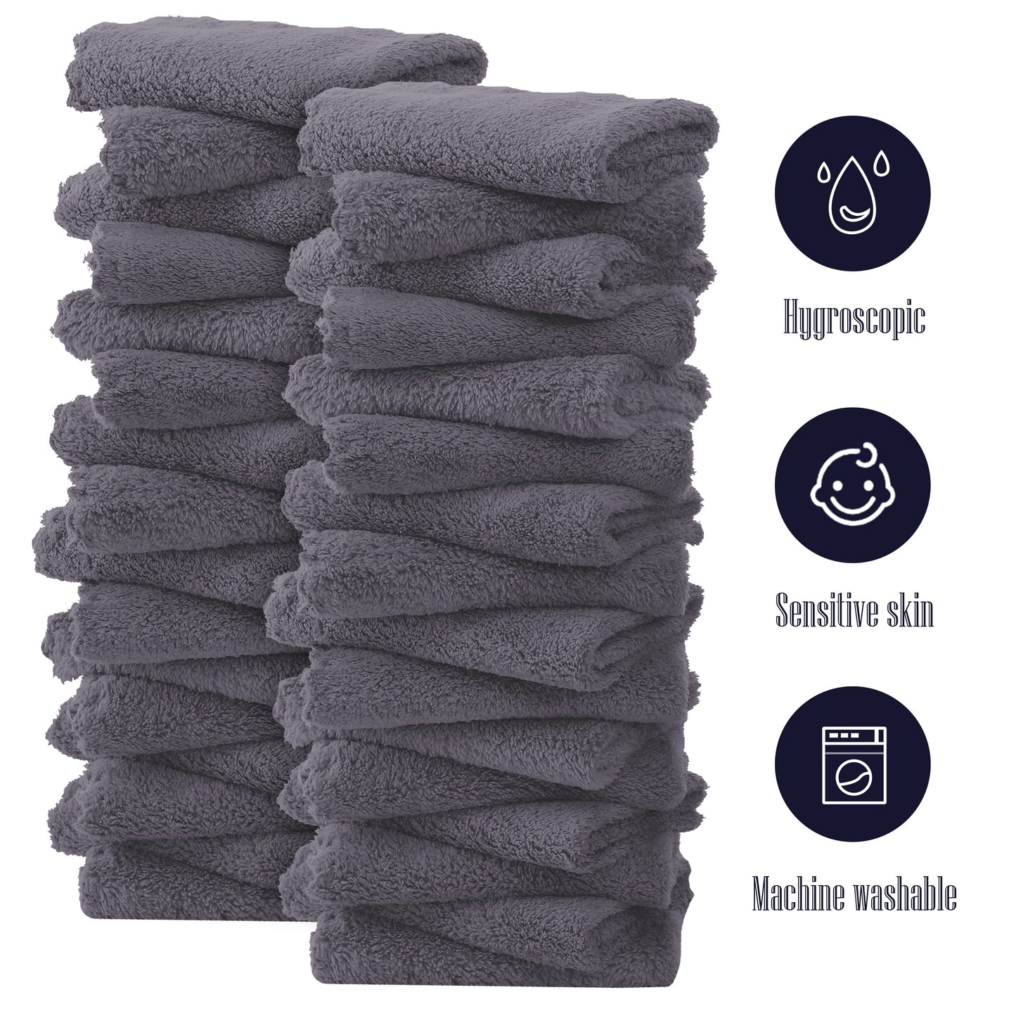 32 Pack Baby Washcloths - Luxury Coral Fleece - Extra Absorbent and Soft Wash Clothes for Newborns, Infants and Toddlers - Suitable for Sensitive Skin and New Born - Baby Shower - Grey, 10x10 Inch