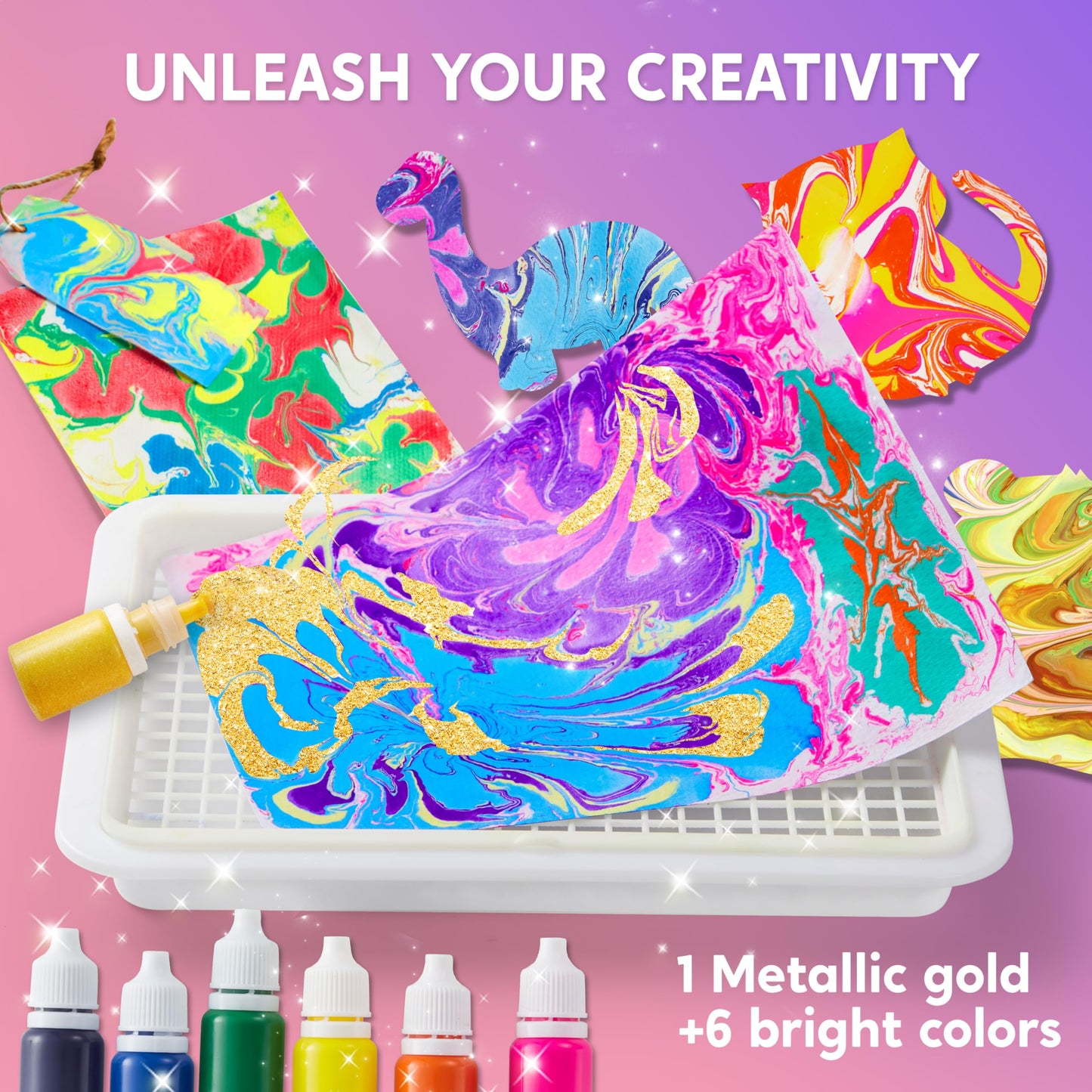 Klever Kits Marbling Paint for Kids, Metallic Gold Water Marble Paint Art, Arts and Crafts for Girls & Boys 6-12 Years Old, Paint Craft Kits, Birthday Gifts Ideas Activities Toys