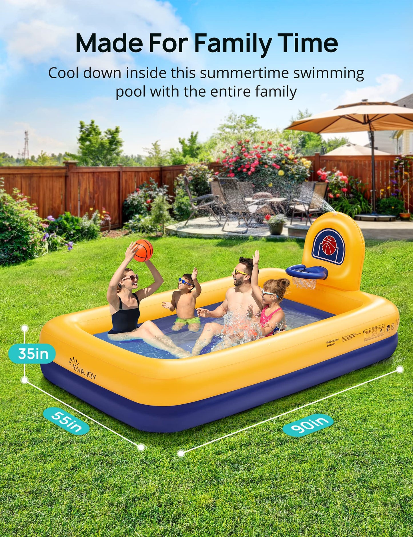 Kiddie Pool, Evajoy Inflatable Kids Pool, Summer Water Party Inflatable Pool for Backyard & Garden 90 * 55 * 35 inch