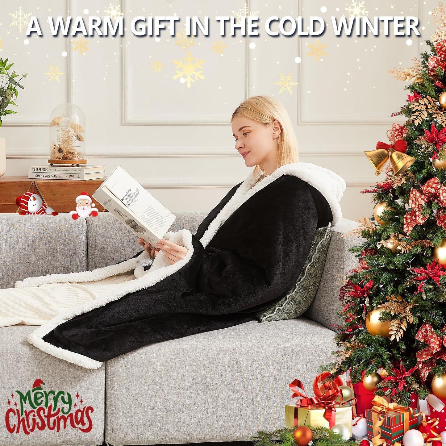 PLOATH Heated Electric Blanket Shawl: Heating Blanket Heated Throw Blanket Heated Poncho - Wearable Blanket Hoodie Wrap Sherpa with 10 Heating Levels & Multi Heating Time Settings (40x70'' Black)