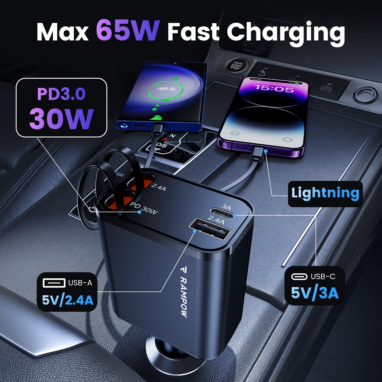 RAMPOW 65W Retractable USB-C Car Charger