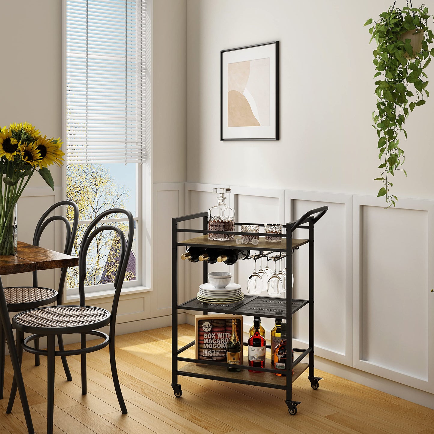 Tajsoon 3-Tier Bar Cart, Mobile Bar Serving Cart, Industrial Style Wine Cart for Kitchen, Beverage Cart with Wine Rack and Glass Holder, Rolling Drink Trolley for Living Room, Grey & Black