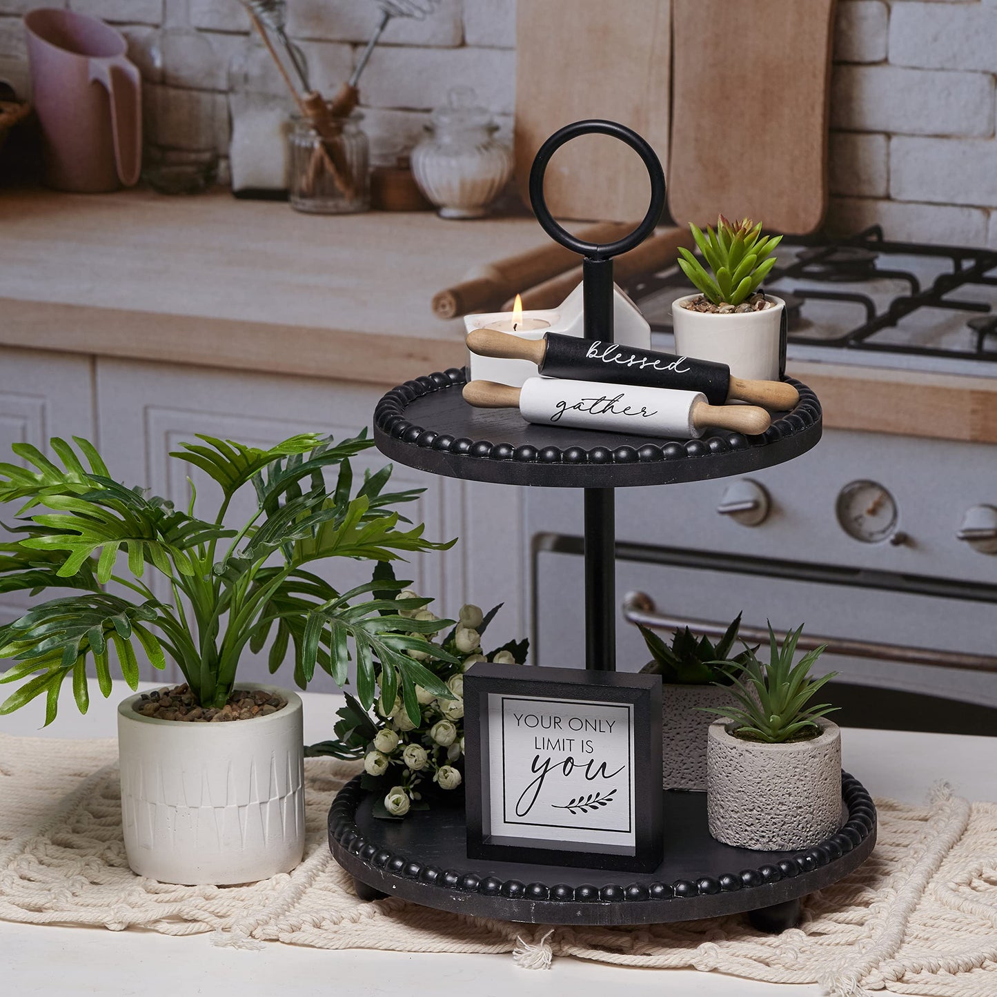 Defined Deco Black Tiered Tray,Two Tiered Decorative Serving Tray,Two Tier Cupcake Stand,2 Tiered Serving Tray Display for Coffee Bar Table Ceterpieces Rustic Farmhouse Home Decor,Kitchen Decor.