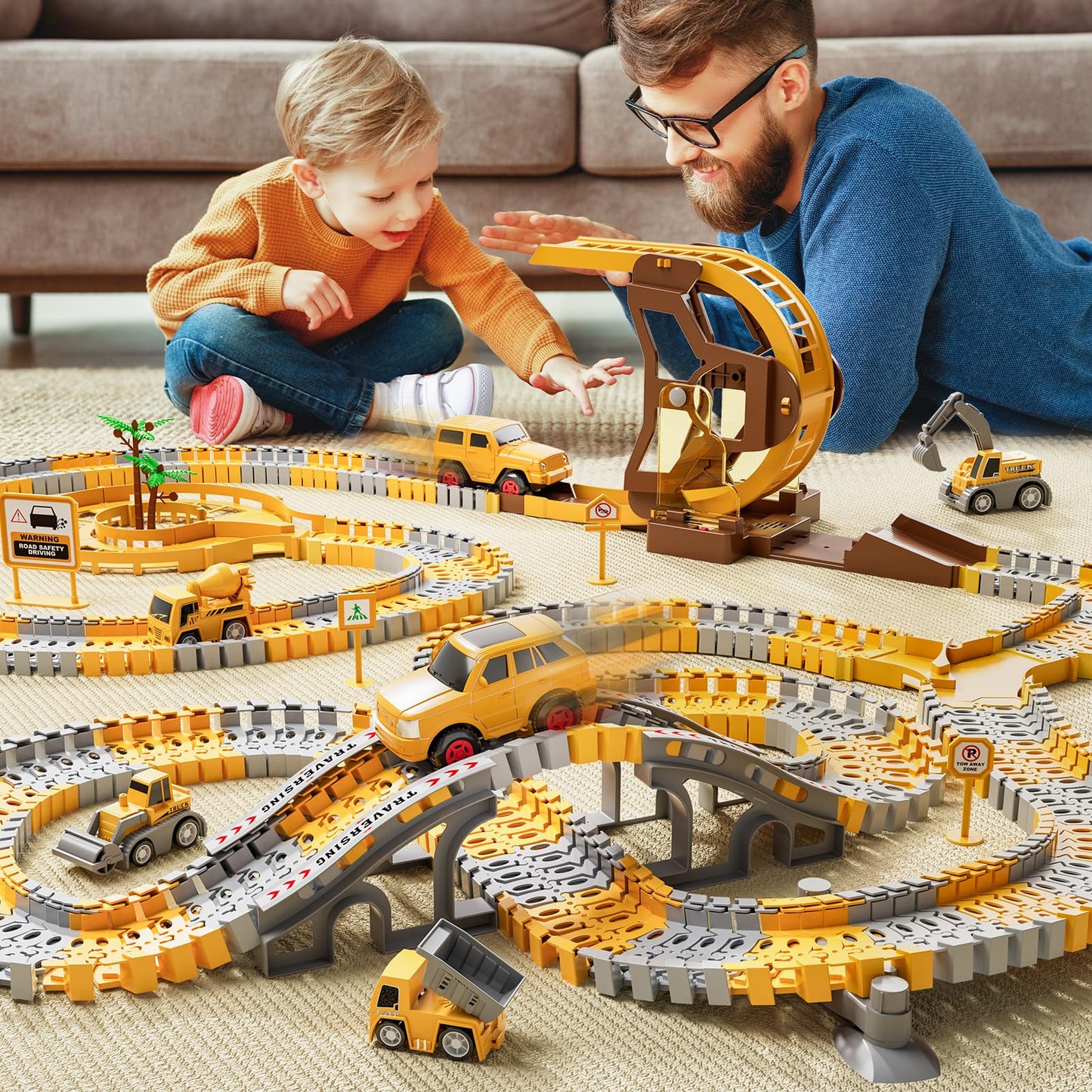 iHaHa 299 PCS Construction Race Tracks Boys Toys, 6 PCS Engineering Cars and Flexible Race Track Playset Create A Engineering Road Gifts Toys for 3 4 5 6 Year Old Boys Kids