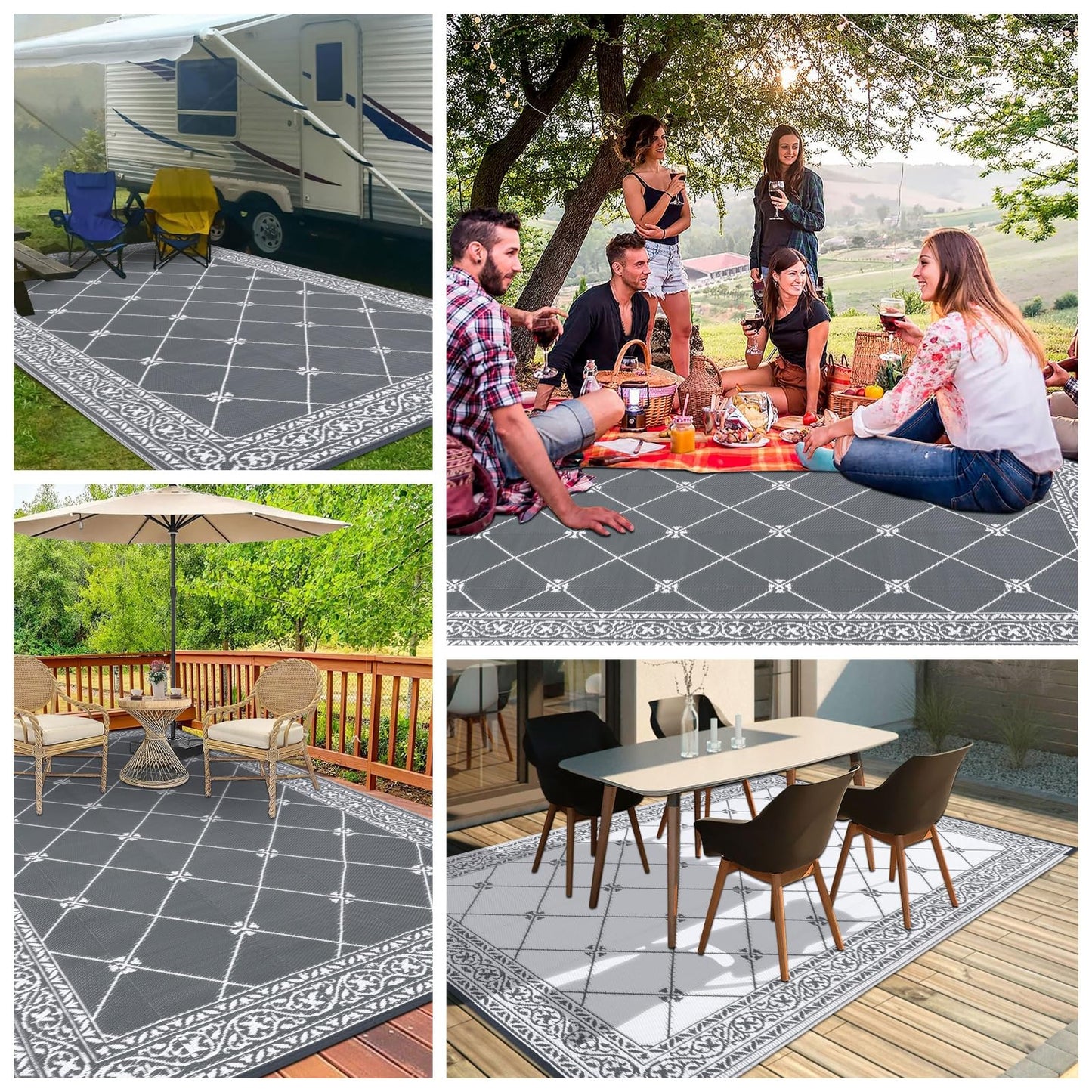 HiiARug Reversible Mat Plastic Outdoor Rugs for Patios Clearance Waterproof Plastic Straw Rug Large Area Rug for Outdoor, Porch, Patio, RV,Camping(5x7Ft, Grey)