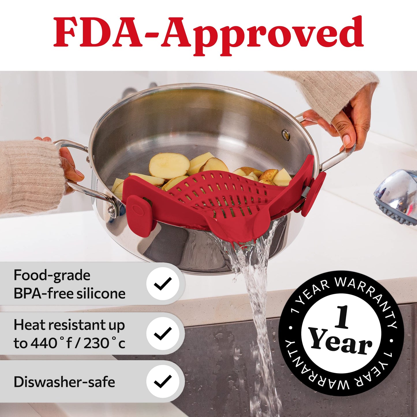 Kitchen Gizmo Snap N Strain Pot Strainer and Pasta Strainer - Adjustable Silicone Clip On Strainer for Pots, Pans, and Bowls - Kitchen Colander - Red Large