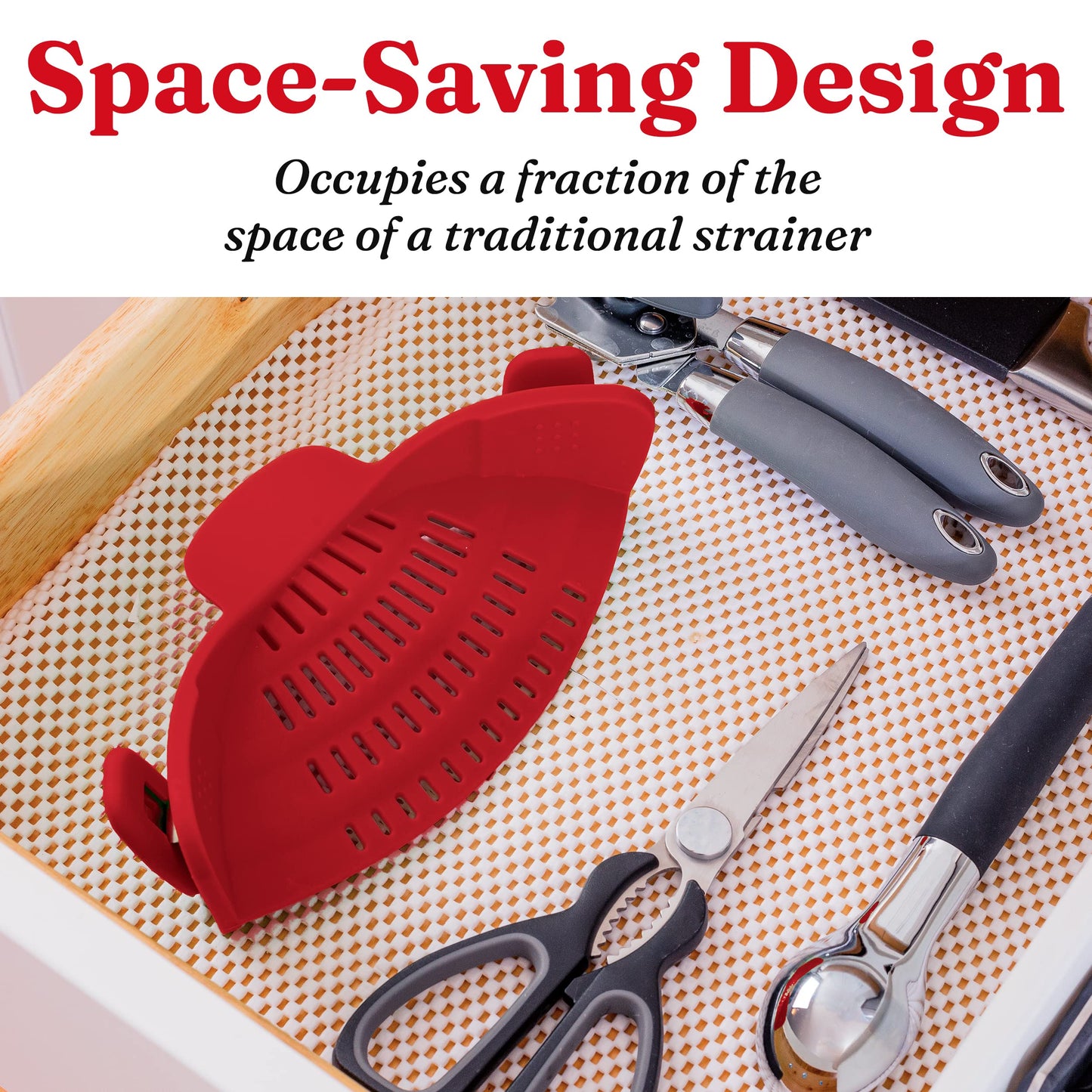 Kitchen Gizmo Snap N Strain Pot Strainer and Pasta Strainer - Adjustable Silicone Clip On Strainer for Pots, Pans, and Bowls - Kitchen Colander - Red Large