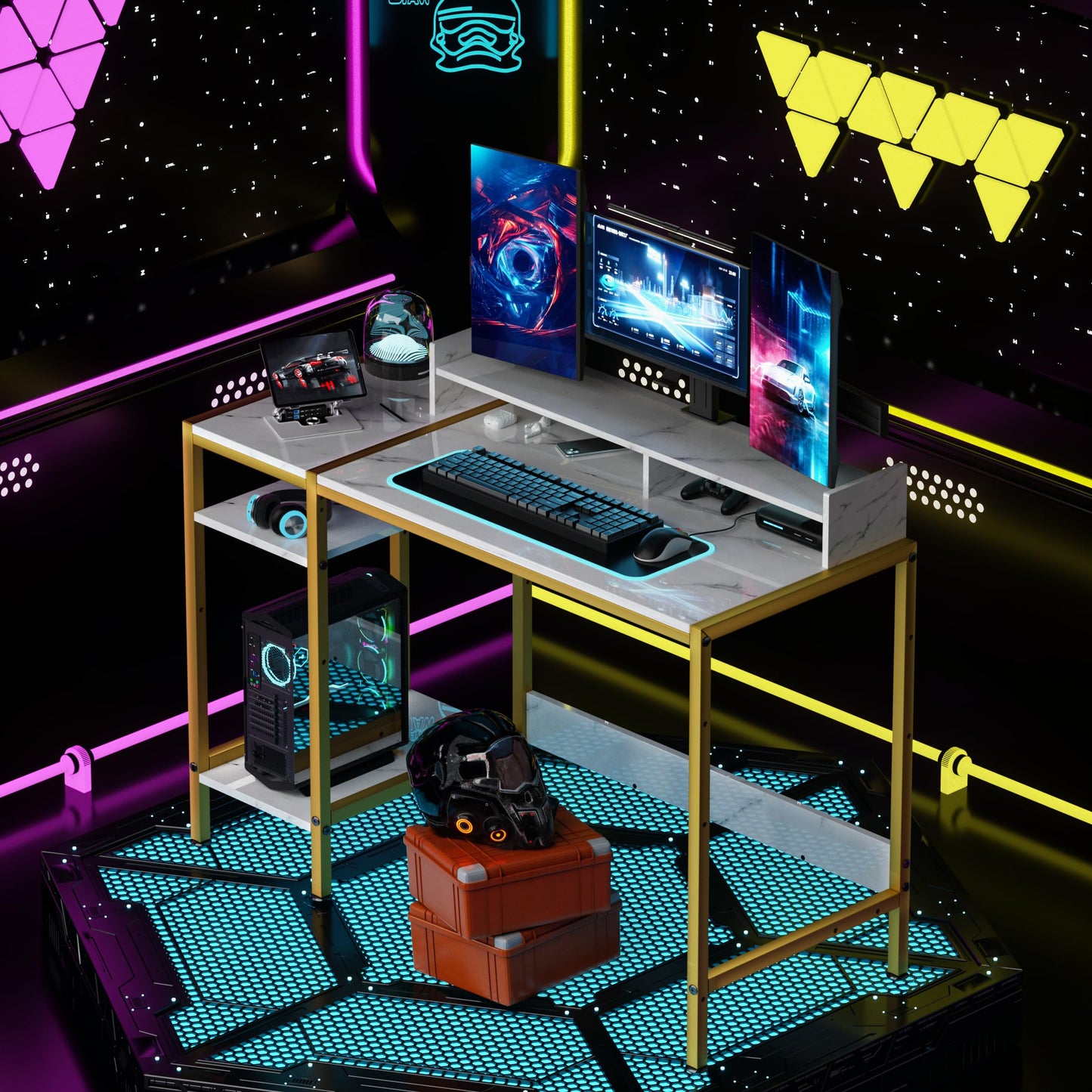 Gaming Desk with Monitor Stand and Storage
