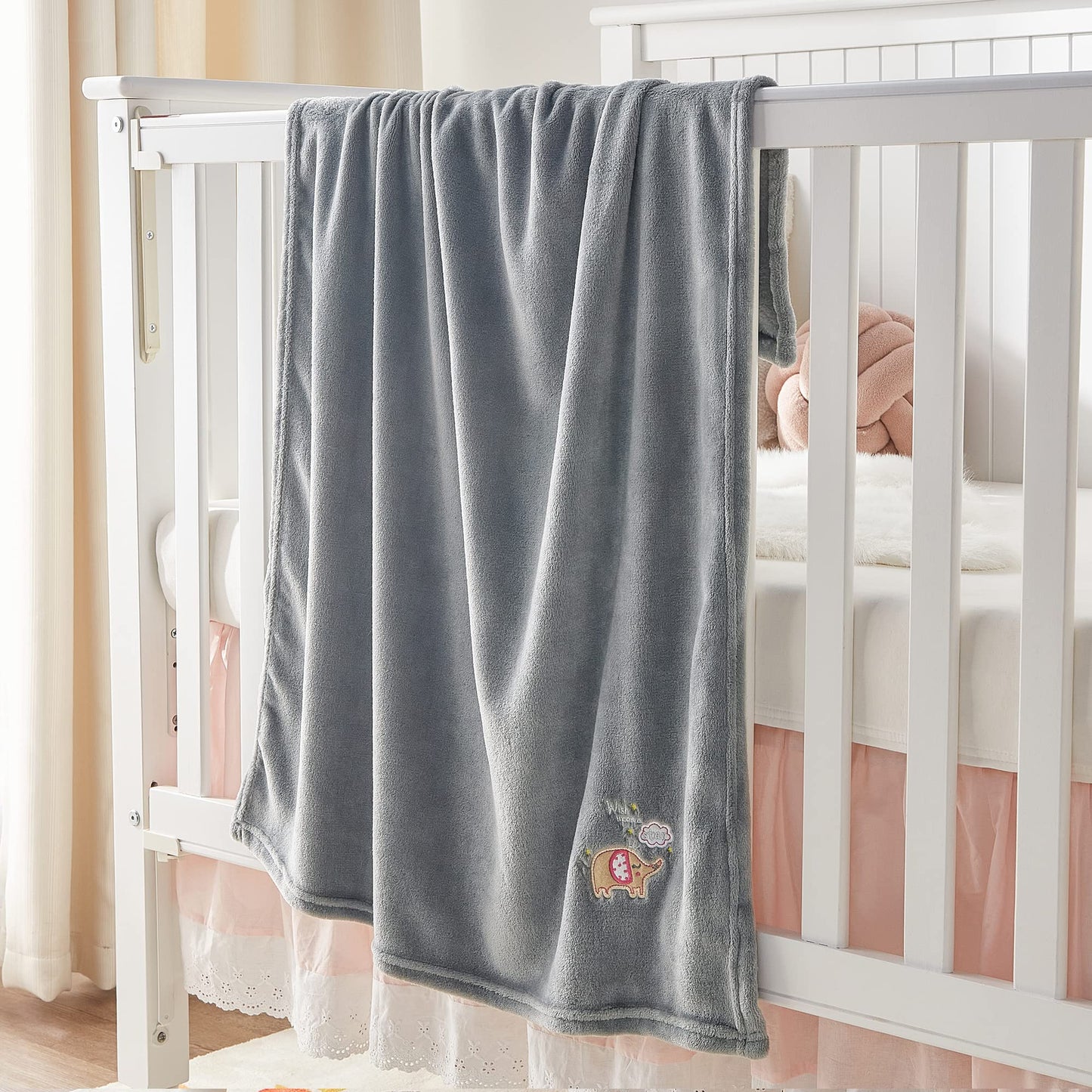 BEDELITE Baby Blankets for Boys Girls 30" x 40", Soft Cozy Fuzzy Fleece Blanket with Embroidered Elephant, Warm Breathable Infant Newborn Toddler Blanket for Crib Stroller Travel, Grey