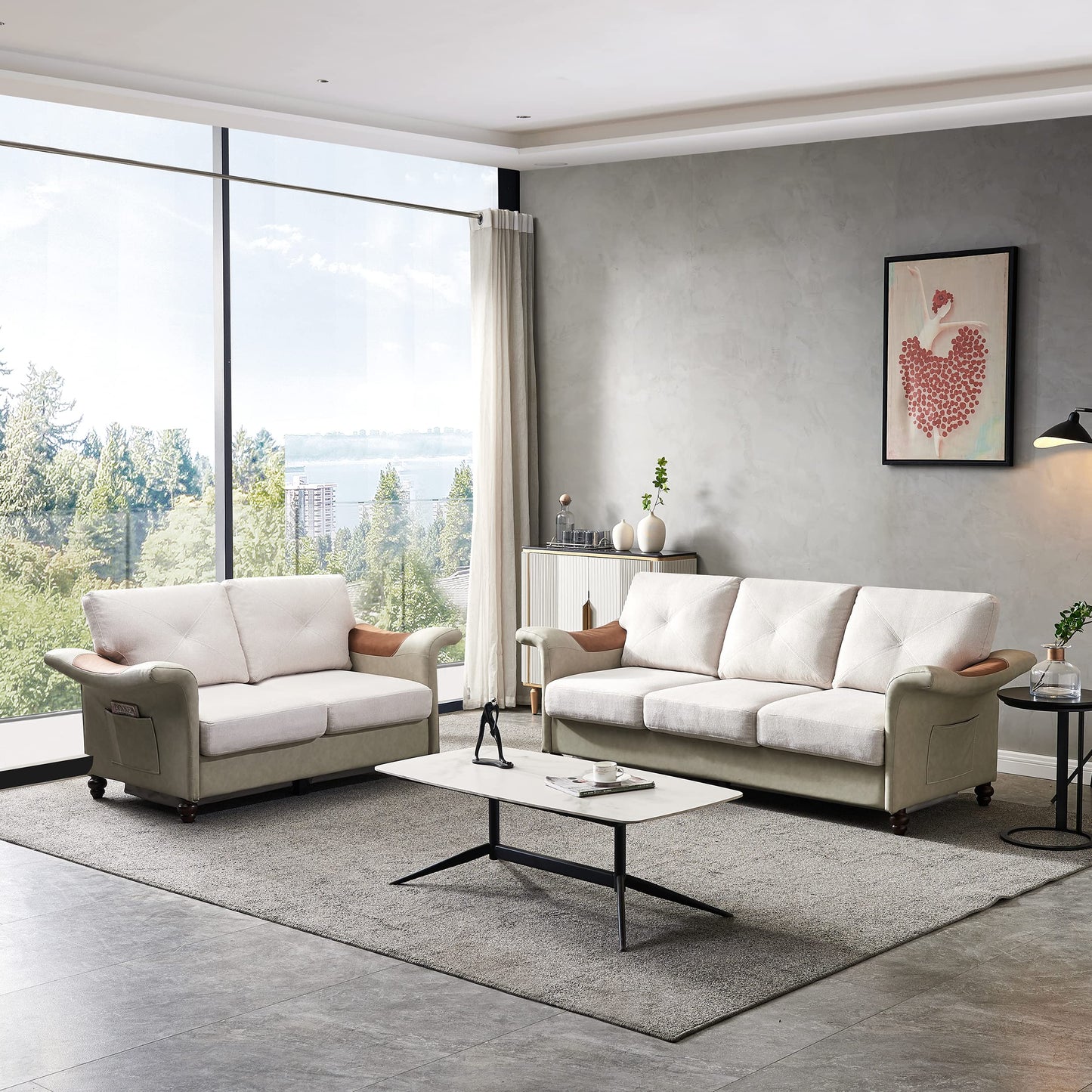DHPM Sectional Faux Leather with Wood Leg, 2 Pieces Mid-Century Sofa Living Room Furniture Sets, Linen Upholstered Couch include 3 Seater and Loveseat for Home or Office (2+3 seat), Beige