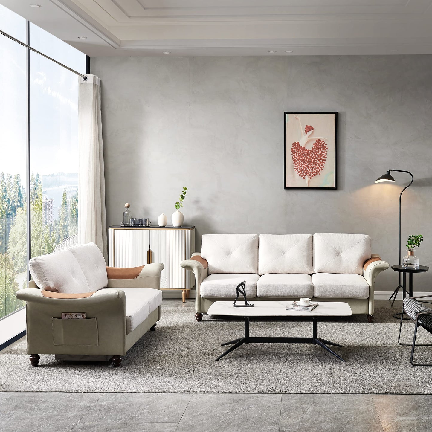 DHPM Sectional Faux Leather with Wood Leg, 2 Pieces Mid-Century Sofa Living Room Furniture Sets, Linen Upholstered Couch include 3 Seater and Loveseat for Home or Office (2+3 seat), Beige