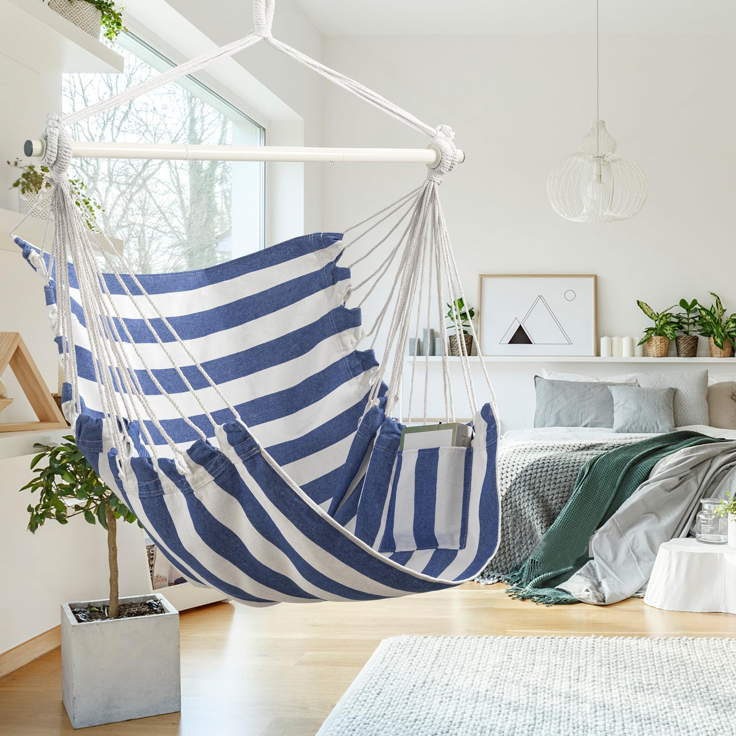 Jelofly Hammock Chair Large Hanging Rope Swing Seat Chair with Pocket Max 350 Lbs Superior Comfortable for Indoor Outdoor Home Bedroom Garden, Seat Cushions Not Included (Blue and White)