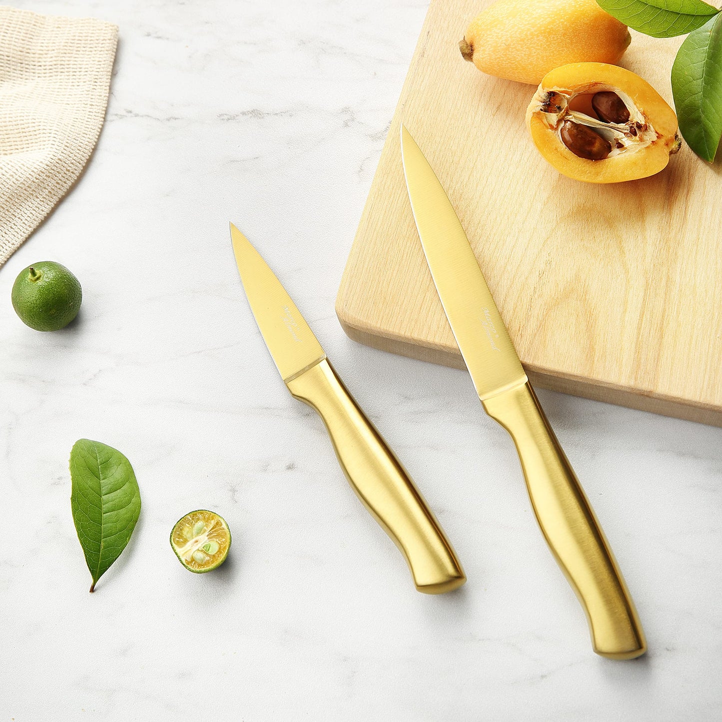 Marco Almond® Gold Knife Set, Knife Block Set MA21,Titanium Coated 14 Pieces Stainless Steel Chef Gold Kitchen Knife Sets with White Block