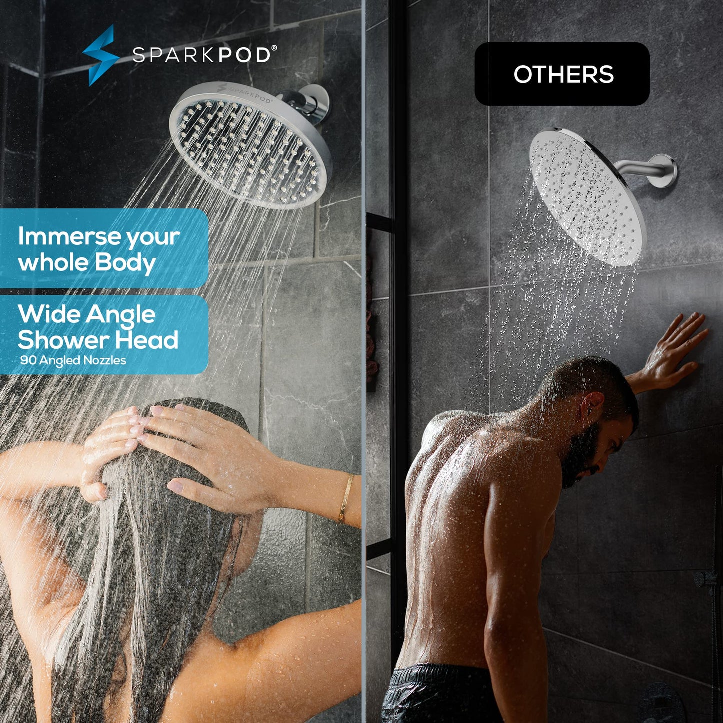 SparkPod Shower Head - High Pressure Rain - Premium Quality Luxury Design - 1-Min Install - Easy Clean Adjustable Replacement for Your Bathroom Shower Heads (8" Round, White Marble)