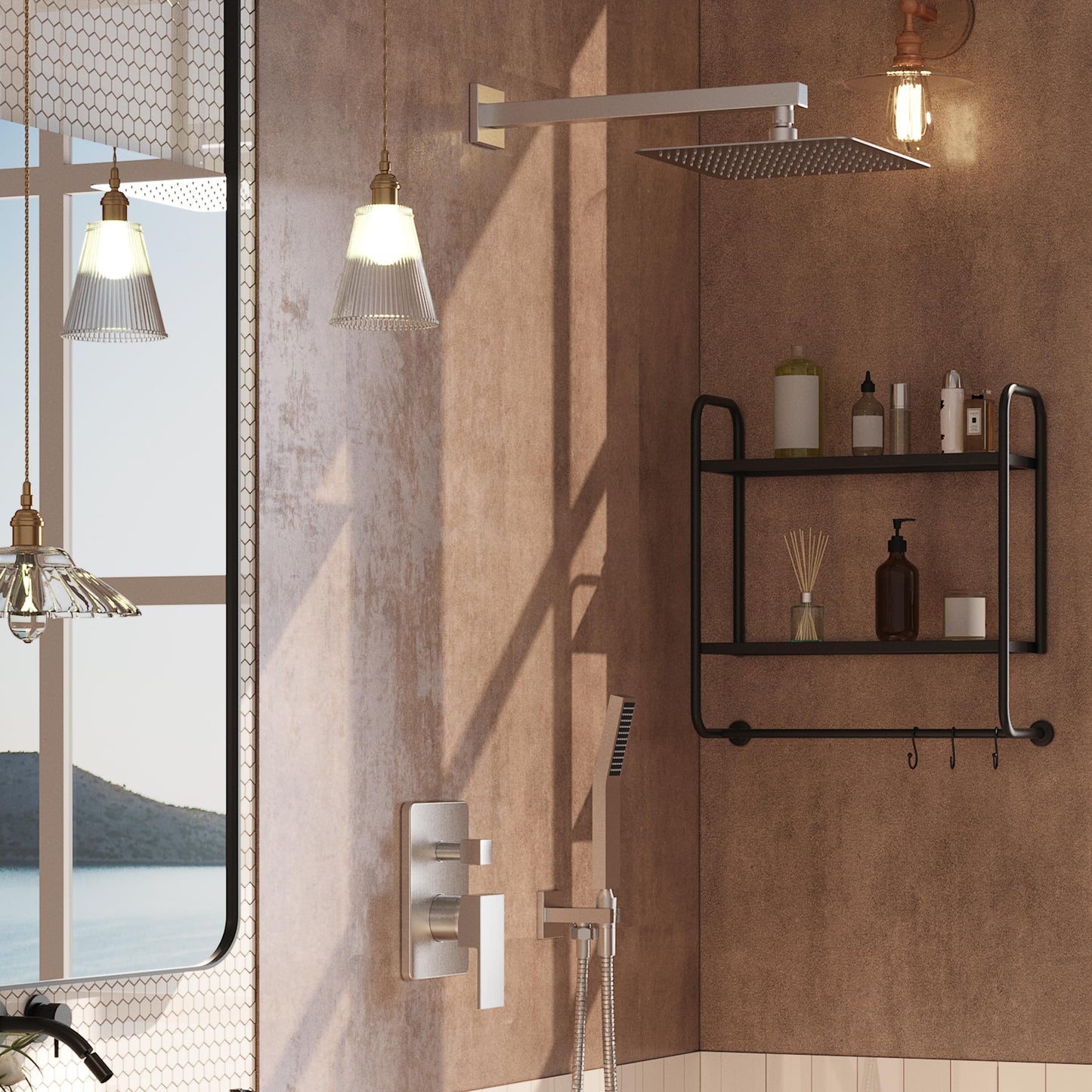 HomGoo Brushed Nickel Shower System, Shower Faucet Set with 10 inch Shower Head and HandHeld, Wall Mounted Bathroom Shower Head Set,Shower Faucet Rough-in Valve and Trim Kit,Brushed Nickel