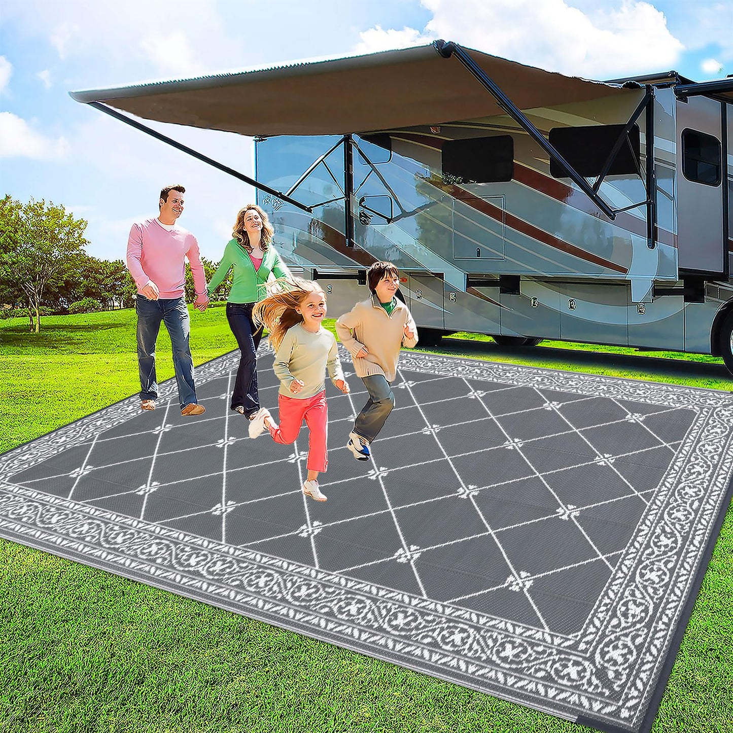 HiiARug Reversible Mat Plastic Outdoor Rugs for Patios Clearance Waterproof Plastic Straw Rug Large Area Rug for Outdoor, Porch, Patio, RV,Camping(5x7Ft, Grey)