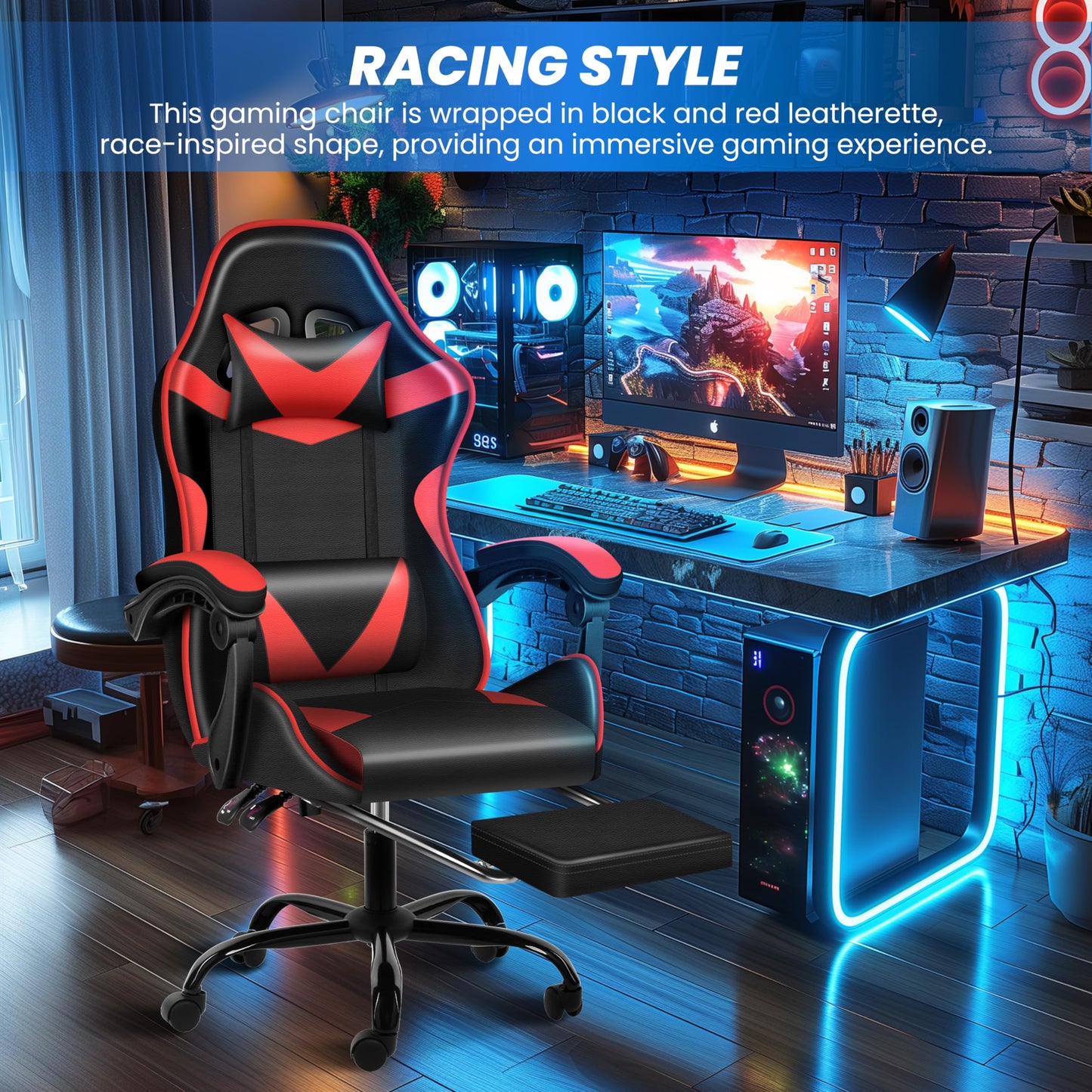 Ergonomic Gaming Chair with Footrest & Lumbar Support