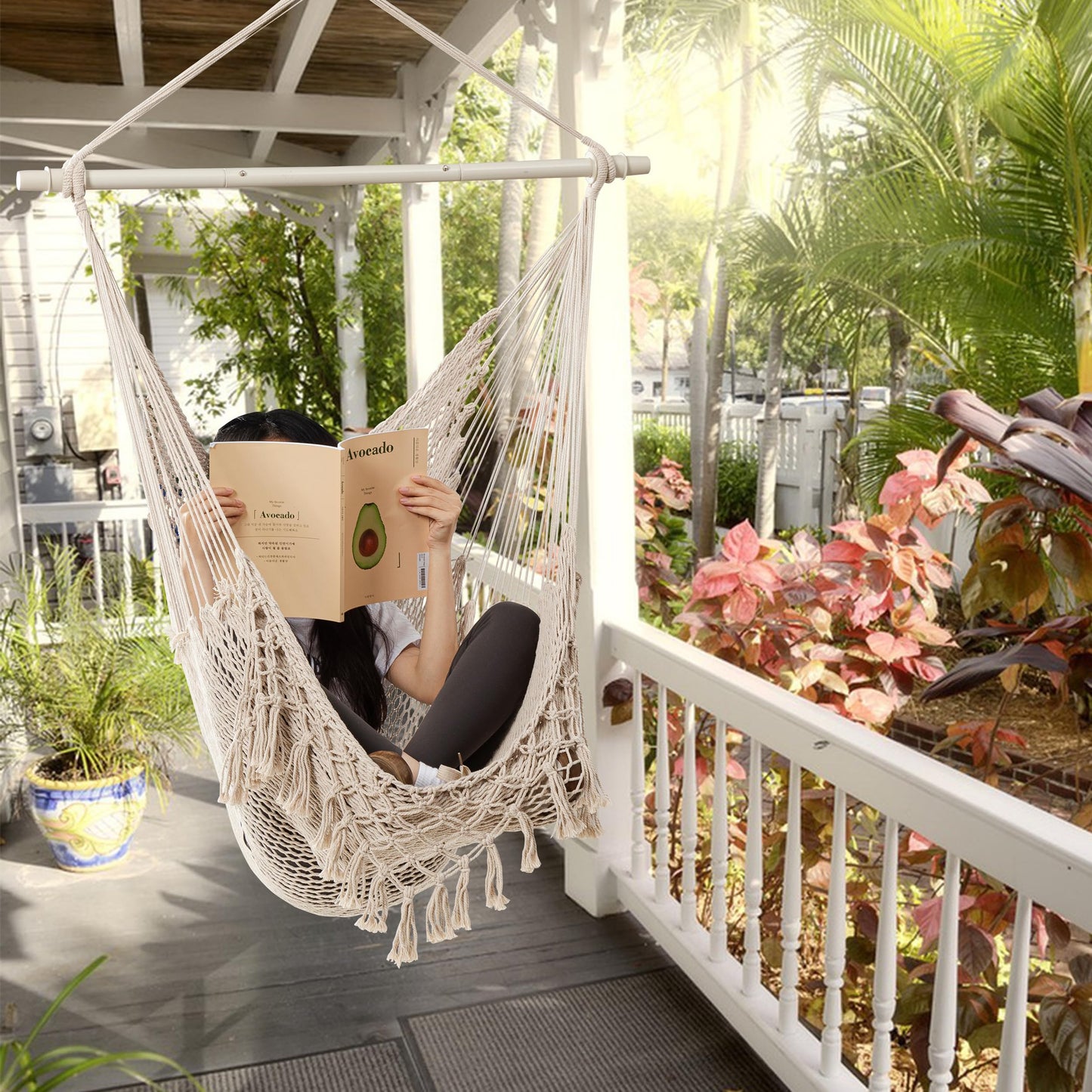 HBlife Hammock Chair Max 330 LBS Macrame Hanging Chair with Portable Metal Rod Handwoven Cotton Rope Hammock Swing for Bedroom Beige, Large