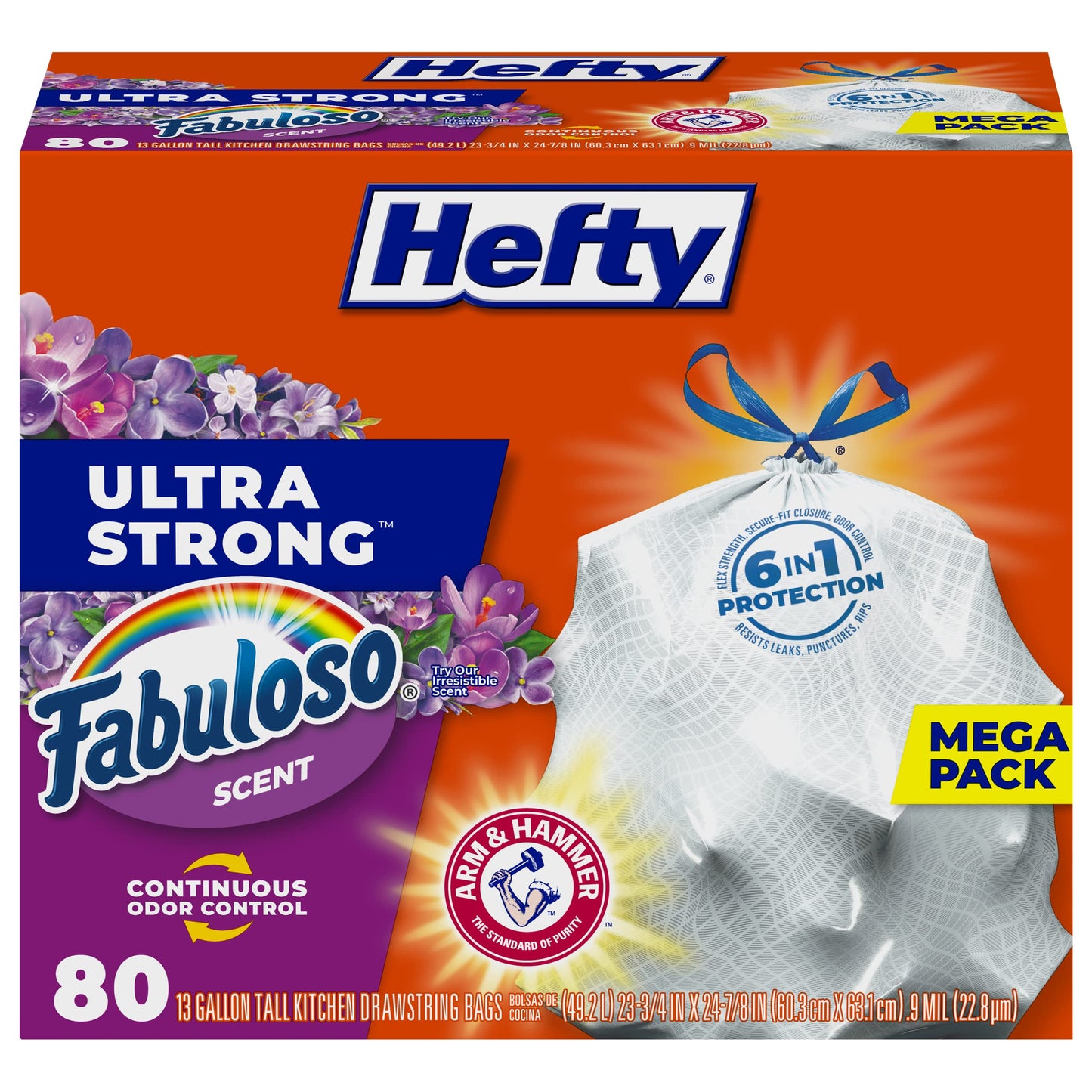 Hefty Ultra Strong 13 Gallon Trash Bags, Tall Kitchen Trash Bags 13 Gallon Size, Break Resistant Drawstring Closure, Continuous Odor Control, White, Fabuloso Scent, 80 Bags