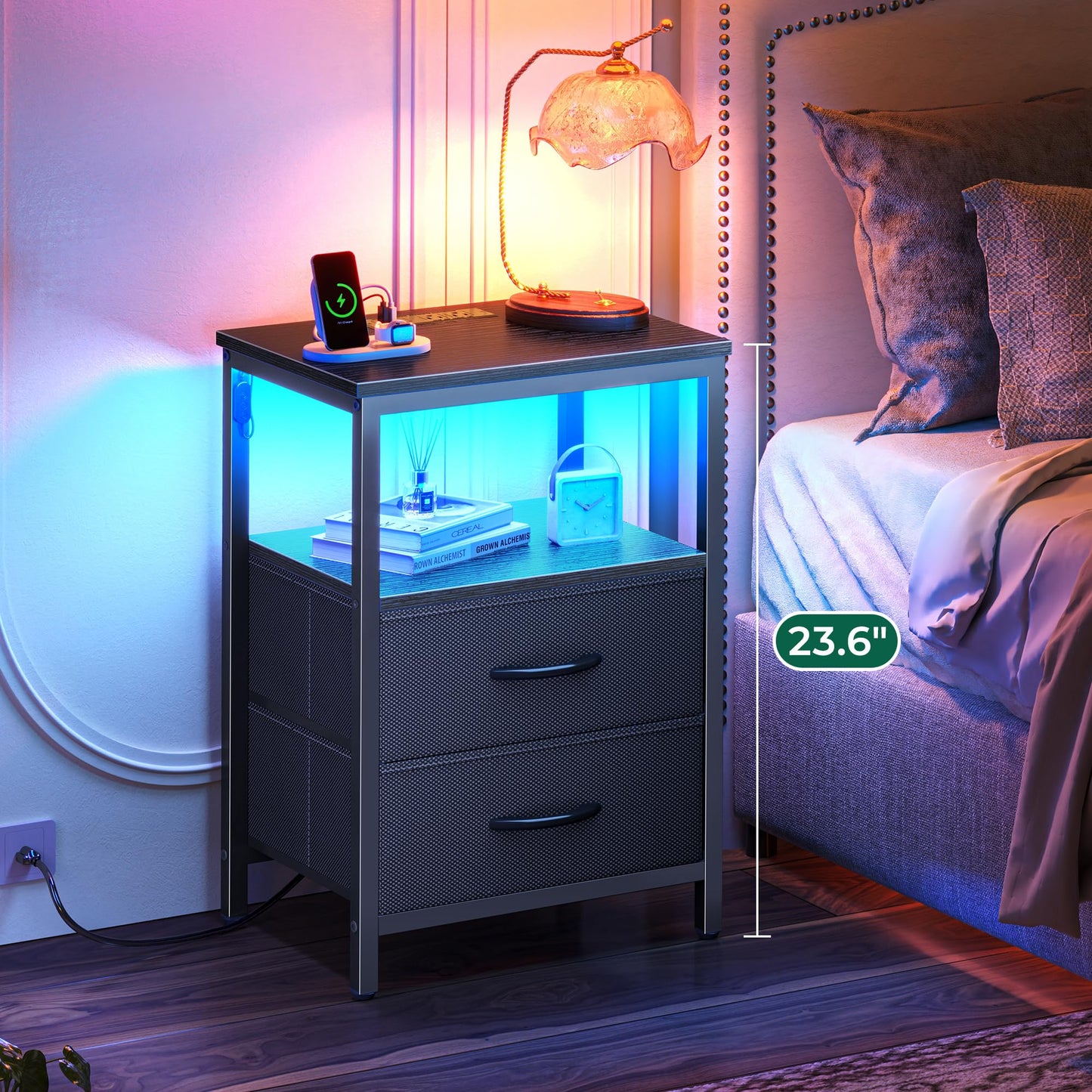Huuger Night Stand with Charger Station and LED Lights, 2 Drawer Nightstand, Bed Side Table with Open Shelf, End Table, Fabric Dresser for Bedroom, Black
