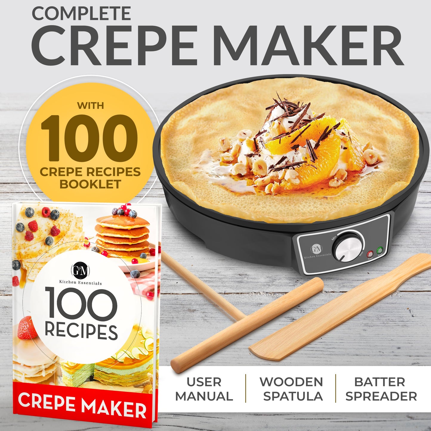 Crepe Maker Machine (Easy to Use), Pancake Griddle – Nonstick 12” Electric Griddle – Pancake Maker, Batter Spreader, Wooden Spatula – Crepe Pan for Crepes Roti, Tortilla, Blintzes – Portable, Compact