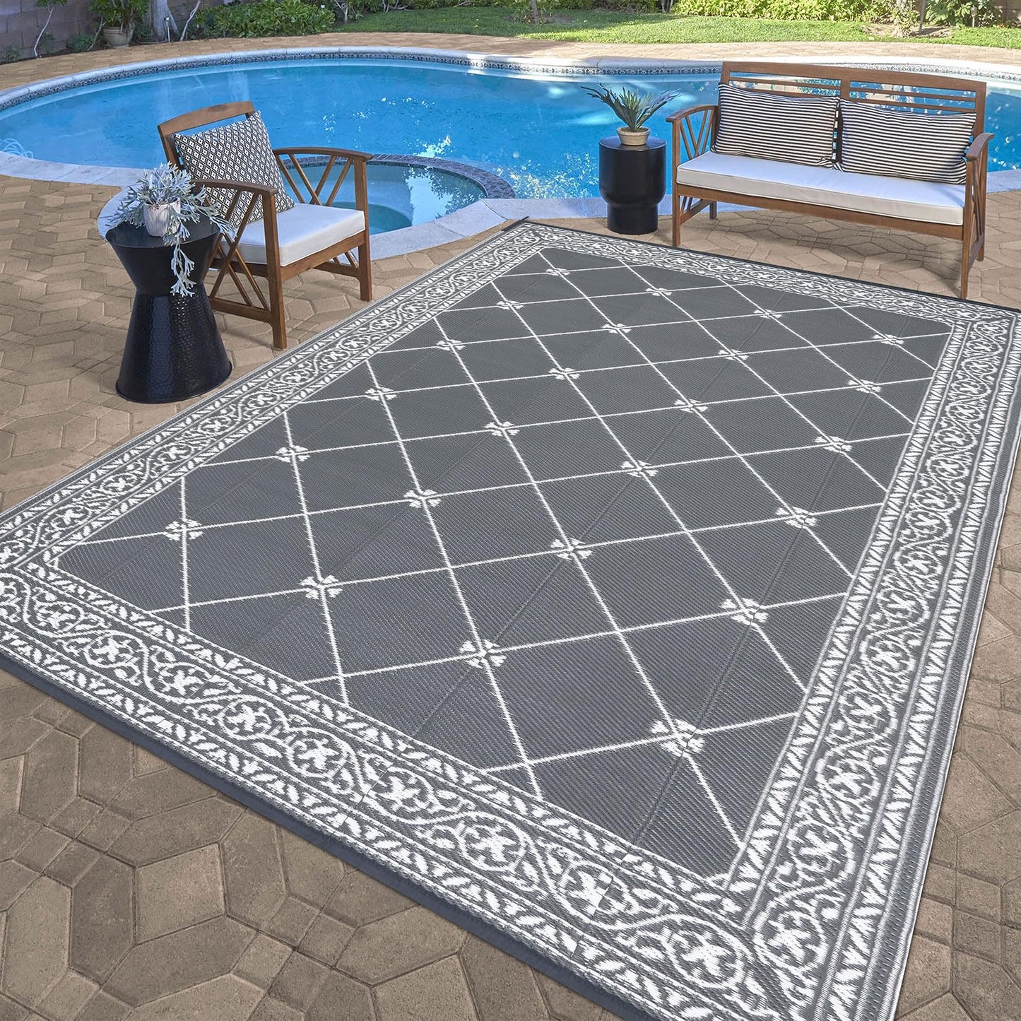 HiiARug Reversible Mat Plastic Outdoor Rugs for Patios Clearance Waterproof Plastic Straw Rug Large Area Rug for Outdoor, Porch, Patio, RV,Camping(5x7Ft, Grey)