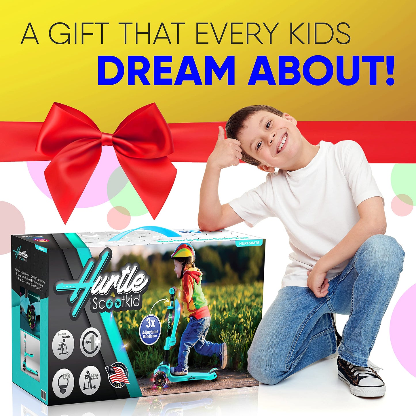 Hurtle Kids Scooter - Child Toddler Kick Scooter Toy with Foldable Seat - 3 Wheel Scooter with Adjustable Height, Anti-Slip Deck, Flashing Wheel Lights, for Boys/Girls 1-12 Year Old, Teal