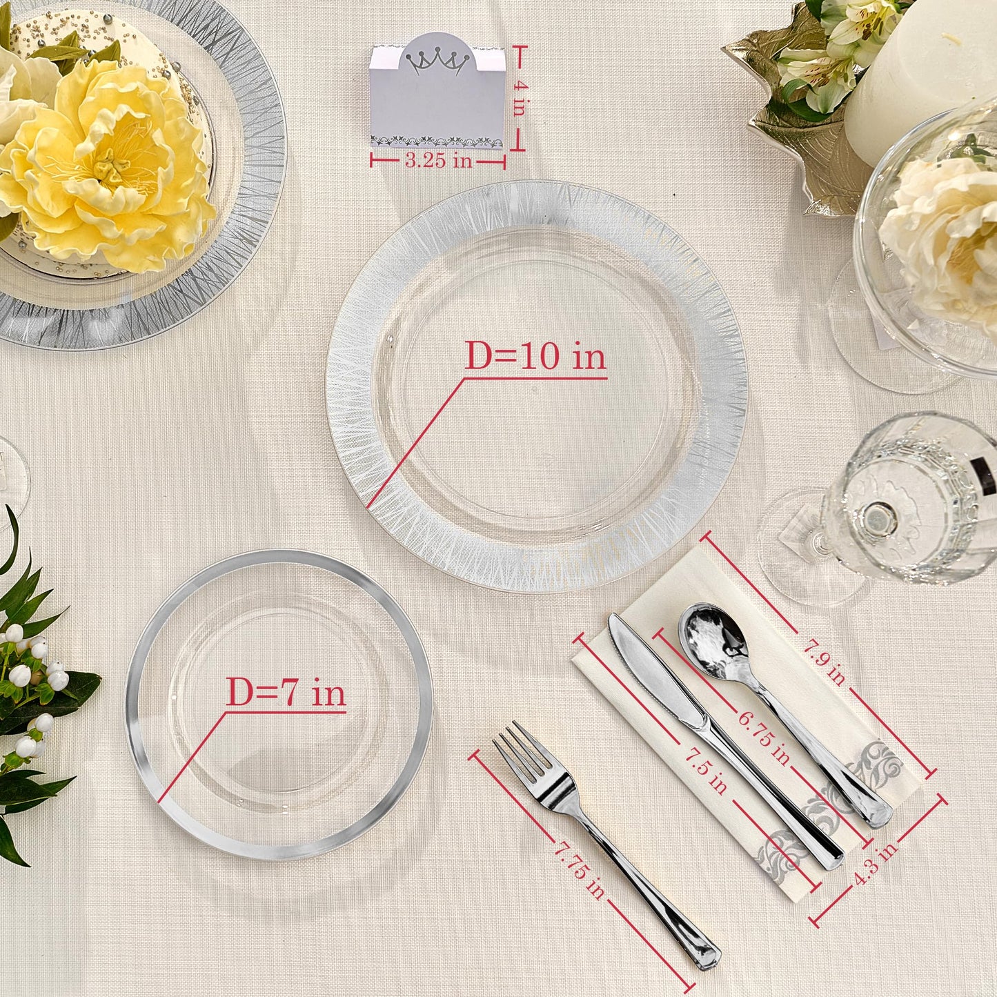 200Pcs Heavy Duty Silver Rimmed Disposable Plates